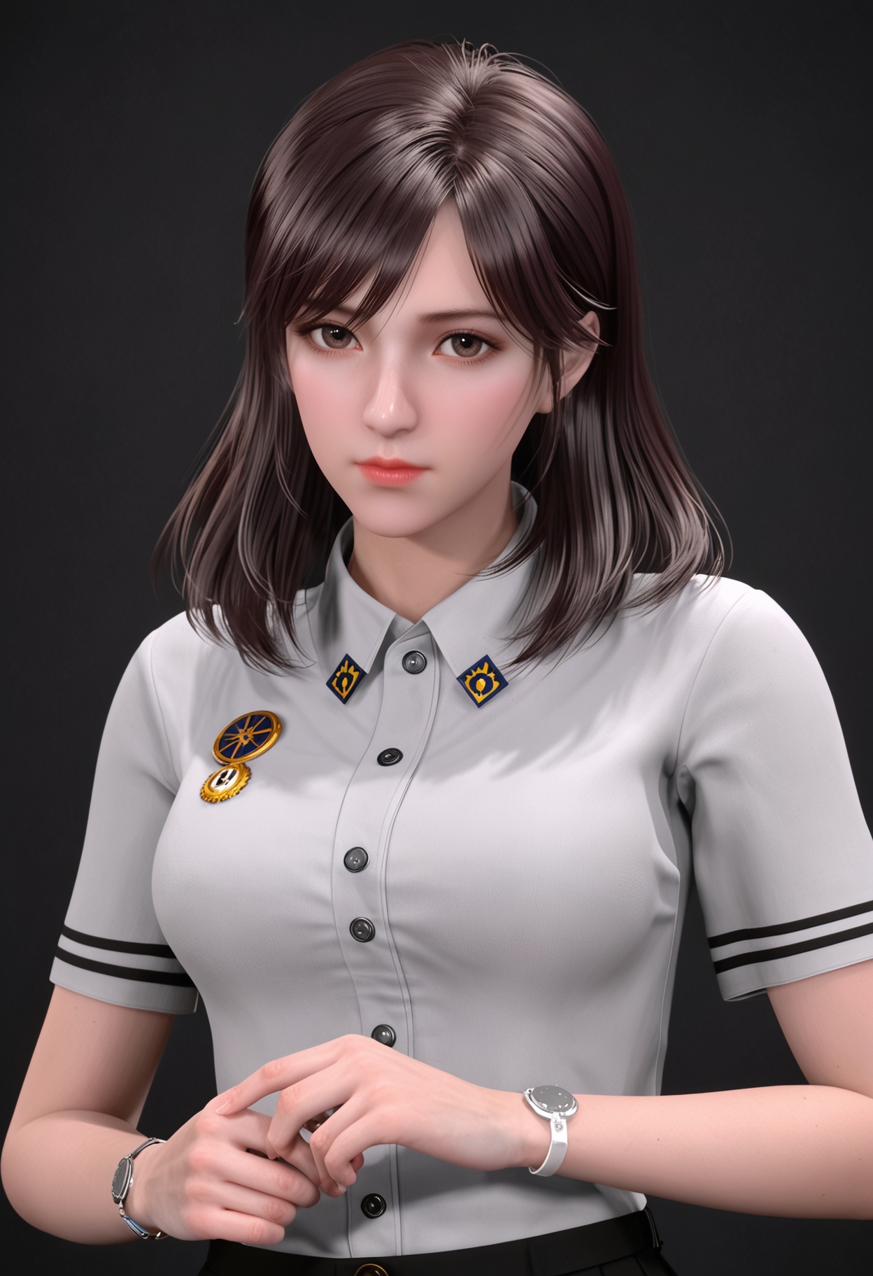 (upper_body:1.2),(masterpiece:1.1),(best quality:1.2),(intricate details),(looking at viewer:1.1),facing viewer,direct gaze,<lora:YQ_pony_xuxin2.0_V5:0.8>,q1528437228,1girl,solo,long hair,brown eyes,brown hair,shirt,black hair,buttons,skirt,school uniform,jewelry,watch,wristwatch,black eyes,medium hair,swept bangs,bracelet,loafers,BREAK simple background,pure black background,black background,perfect anatomy,