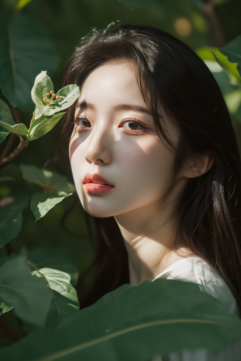 portrait of a girl,long hair,flower,green background,