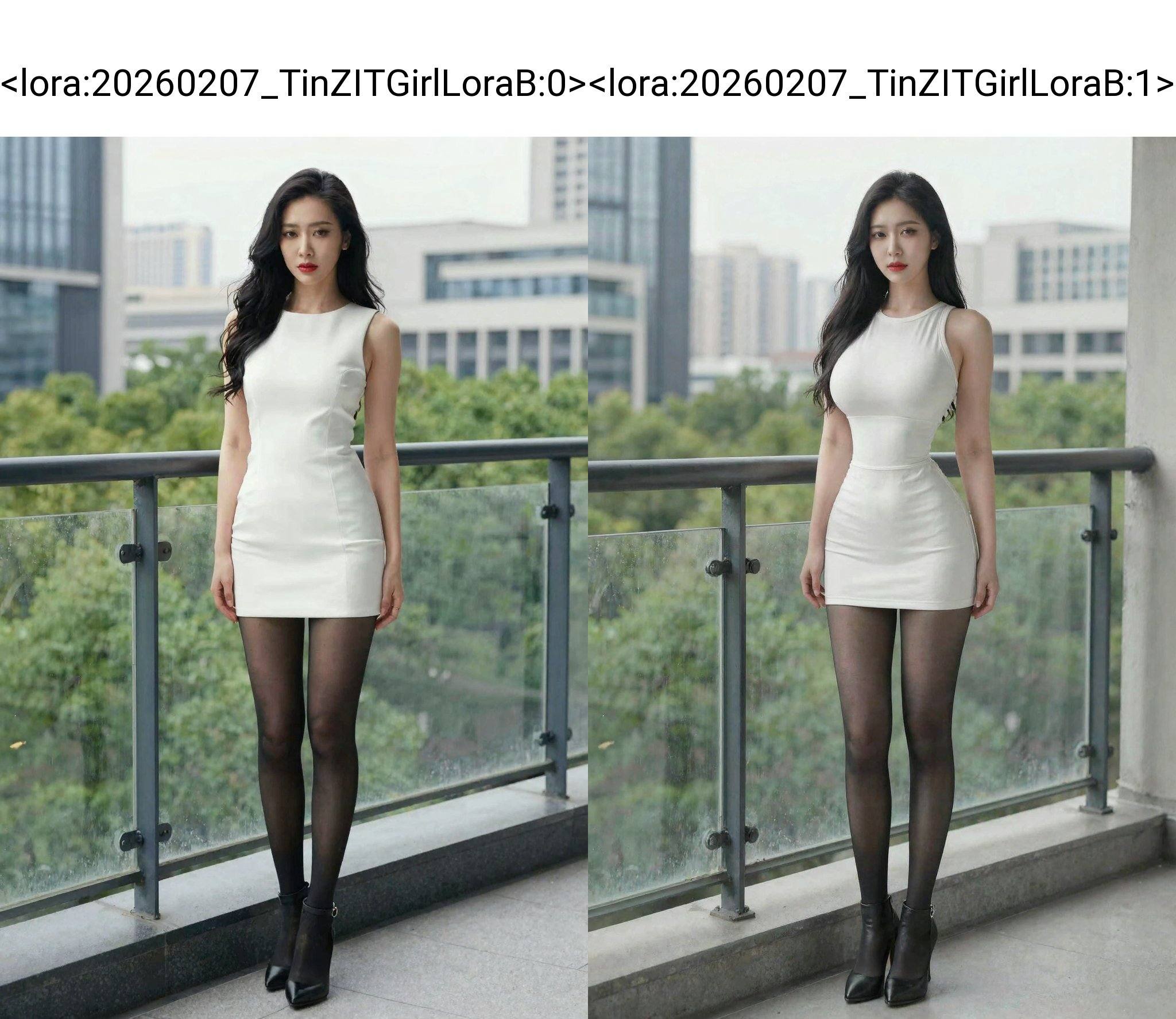<lora:20260207_TinZITGirlLoraB:0>, In this photograph, an Asian woman with long, wavy black hair stands on a balcony, wearing a short white sleeveless dress that accentuates her slim figure and medium-sized breasts. She very long legs, pairs the dress with sheer black pantyhose and black high-heeled ankle boots. Her makeup is bold, featuring red lipstick. The background includes a cityscape with modern buildings and green trees, suggesting an urban setting. The balcony railing is metal, and the floor appears to be concrete. The overall vibe is stylish and chic. 