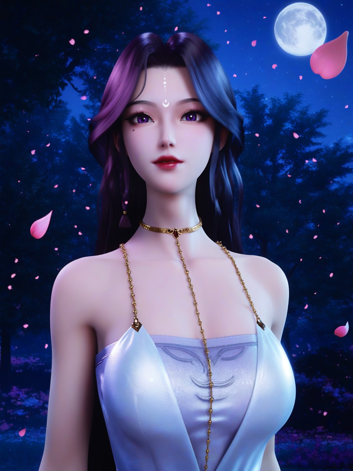 score_9,1girl,breasts,breasts,long hair,looking at viewer,facial mark,forehead mark,red lips,dress,choker,lipstick,falling petals,eyelashes,solo,looking at viewer,enchanting expression,outdoors,<lora:SF_YueYe_YuYi_Pony_Realism2.3:0.7>,