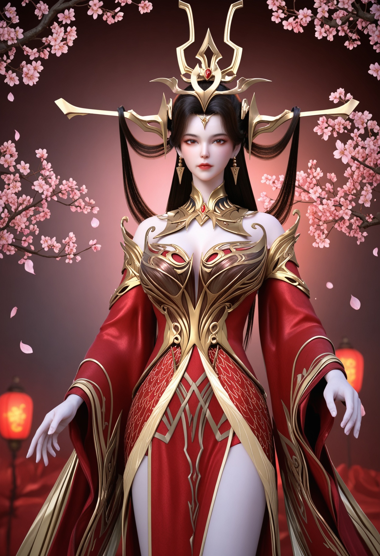 (cowboy shot:1.2),(looking at viewer:1.1),masterpiece,(best quality),smog,Dark room,dim lighting,peach blossom,falling petals,<lora:YQ_Illustrious光辉v5_朱雀若天_V1:0.8>,q1528437228,1girl,solo,long hair,hair ornament,jewelry,earrings,brown hair,black hair,dress,red dress,detached sleeves,detached collar,red eyes,long sleeves,brown eyes,collar,metal collar,wide sleeves,blue eyes,high heels,hair rings,chinese clothes,headgear,forehead mark,