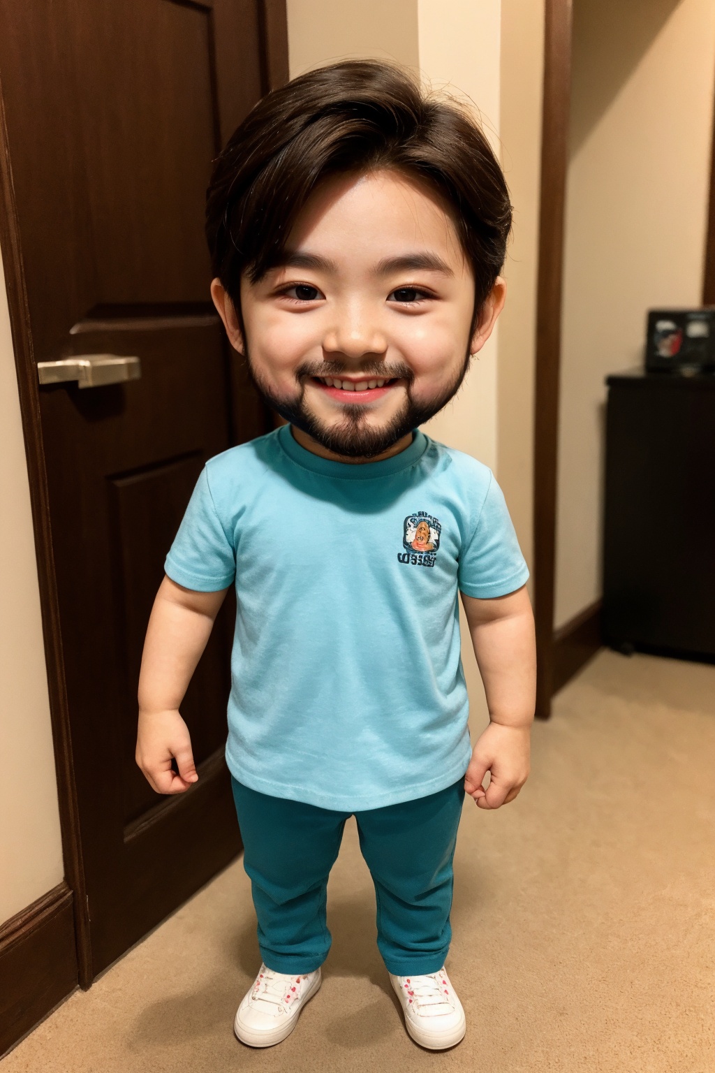 man, beard, solo, film grain, realistic, photorealistic, brown eyes, blue shirt, pants, smile, standing, looking at viewer, full body, chibi, indoors, 