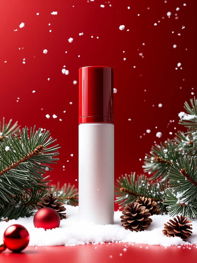 miluo_sdmz, This photograph features a festive holiday scene centered around a red and white cylindrical bottle. The bottle, standing upright in the center, has a glossy red cap and a white label, symbolizing a cosmetic or skincare product. The background is a warm, gradient red, giving the image a cozy and inviting feel. Snowflakes are gently falling, adding a magical touch to the scene.Surrounding the bottle are various holiday elements. On the left, there is a lush, green pine branch with a dusting of snow, adding a touch of winter. To the right, another similar branch is visible, creating a balanced composition. In the foreground, there are several pine cones, adding texture and a rustic charm. A small, shiny red bauble rests near the bottom left corner, contributing to the festive theme.The overall color palette is dominated by the rich reds and whites, with the green of the pine branches providing a natural contrast. The snowflakes and pine branches are detailed, with a realistic texture that contrasts with the smooth, glossy surface of the bottle. The image evokes a sense of warmth and holiday cheer, ideal for promoting seasonal products or holiday-themed content.<lora:miluo丨圣诞场景丨光影通透-flux-1.4:1>