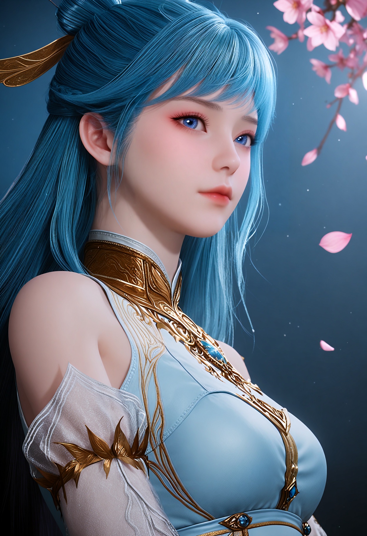 (upper_body:1.2),(looking_at_viewer:1.1),(masterpiece:1.1),(best quality:1.2),(intricate details),(smog:1.3),(Dark room:1.3),(dim lighting:1.3),peach blossom,falling petals,<lora:YQ_Illustrious光辉v5_唐舞桐_V1:0.8>,q1528437228:1.1),1girl,blue_hair,long_hair,hair_ornament,blue_eyes,bare_shoulders,realistic,jewelry,hair_rings,multicolored_hair,gradient_hair,hair_bun,dress,chinese_clothes,china_dress,long_dress,detached_sleeves,masterpiece,(best quality),(intricate details:0.9) BREAK (intricate details:0.9),(realistic skin:1.2),masterpiece,best quality,newest,absurdres,hiahres,
