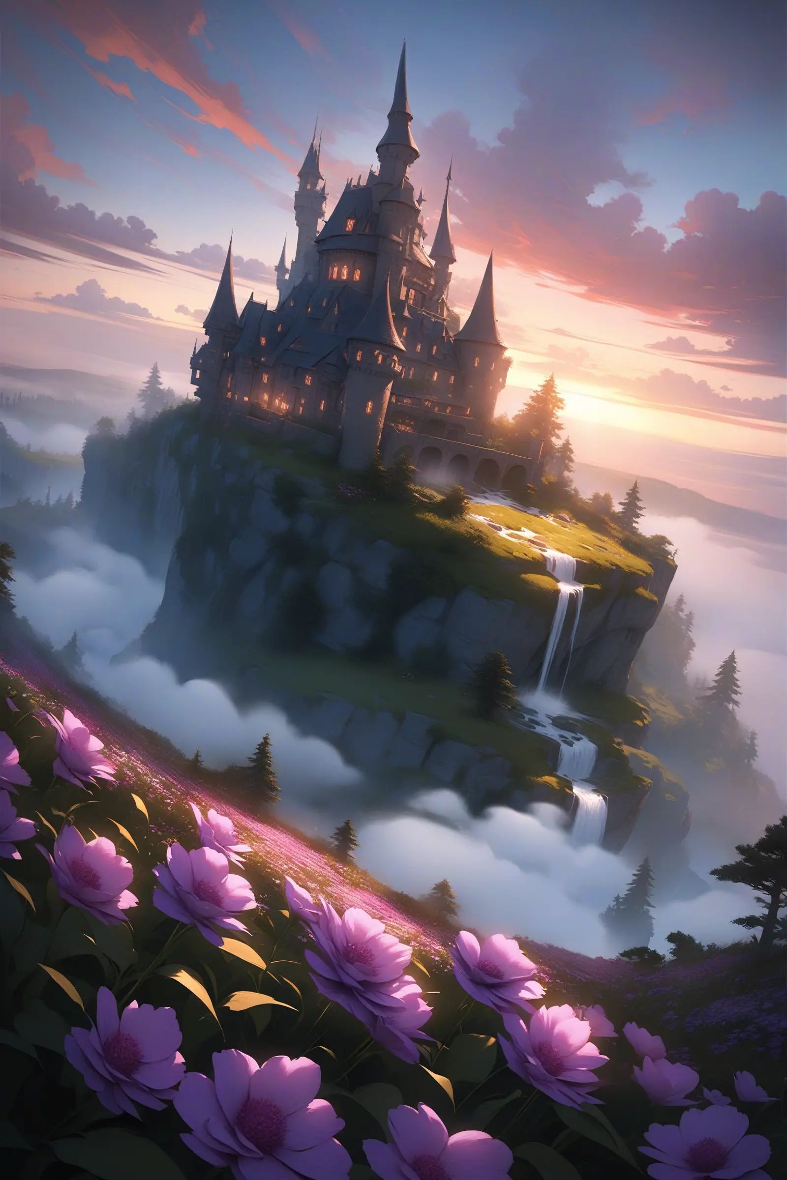 Garden castle,  Many flowers,  A few purple roses on Tensor.Art