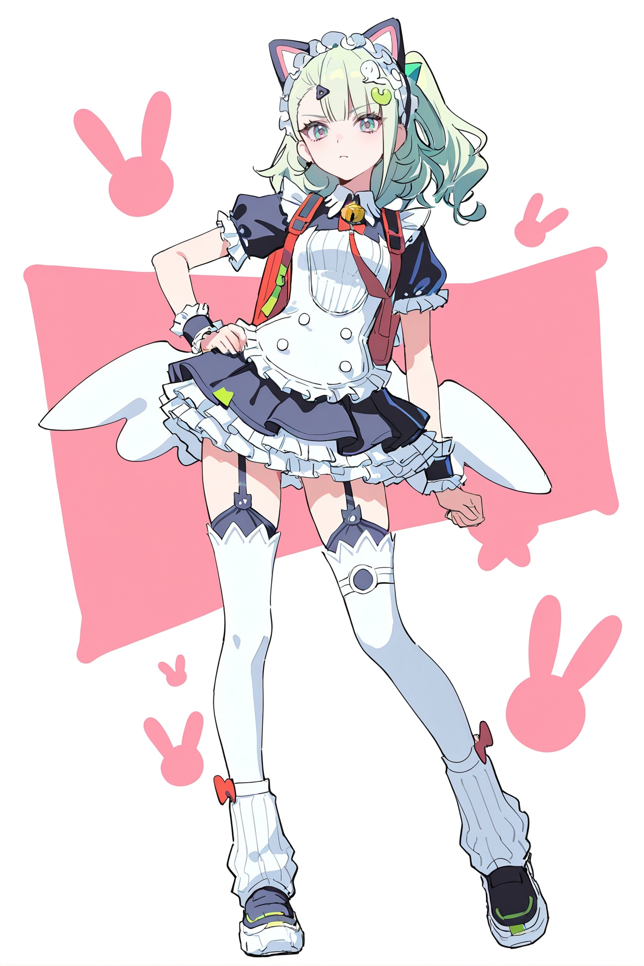 8k,best quality,masterpiece,(ultra-detailed),(high detailed skin),((artist:reoen),(artist:fuzichoco),(artist:atdan),(artist:torino_aqua),year 2024:0.8)1girl,[artist:wlop],[artist:ningen_mame],artist:ciloranko,[[artist:rhasta]],artist:tidsean,colorful,full body,full shot,standing,(solo:1.2),simple background,(white background:1.2),hand on own hip,(white background:1.1),looking at viewer,<lora:Sunna-will-Tanger-000014:0.8>,Sunna \(Zenless Zone Zero\),clothes: maid balck-and-white short dress,1girl,maidskin hair ornament,thighhighs,animal ears,short sleeves,green hair,wings,puffy sleeves,white thighhighs,wrist cuffs,maid headdress,garter straps,red backpack,