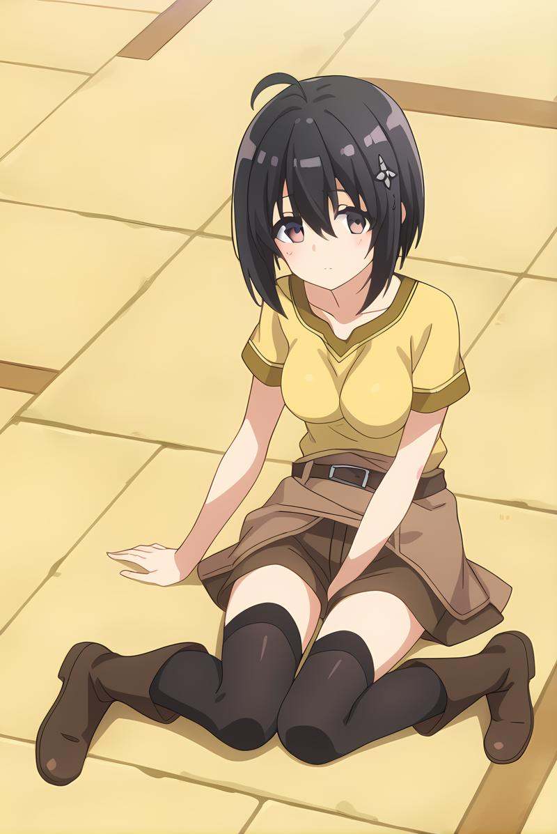 (yellow shirt born skirt brown shorts black thighhighs brown boots belt),  bof-maple,  black hair on Tensor.Art
