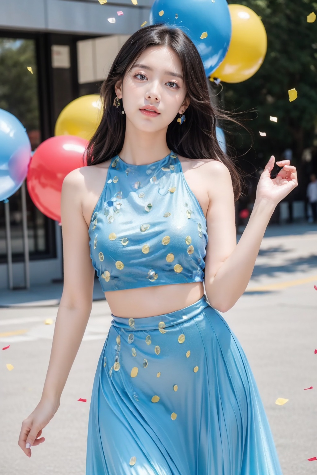 Realistic,(masterpiece:1.2),best quality,8K,HDR,RAW,depth of field,blurry,1girl,(Black hair,delicate girl),(surrounded by balloons and confetti),((solo)),huge breasts,standing,(looking at viewer),<lora:add_detail:0.6>,<lora:GoodHands-vanilla:1>, <lora:ENNE 蓝色短上衣+长裙_v09:1> ,blue_long skirt,cropped top,