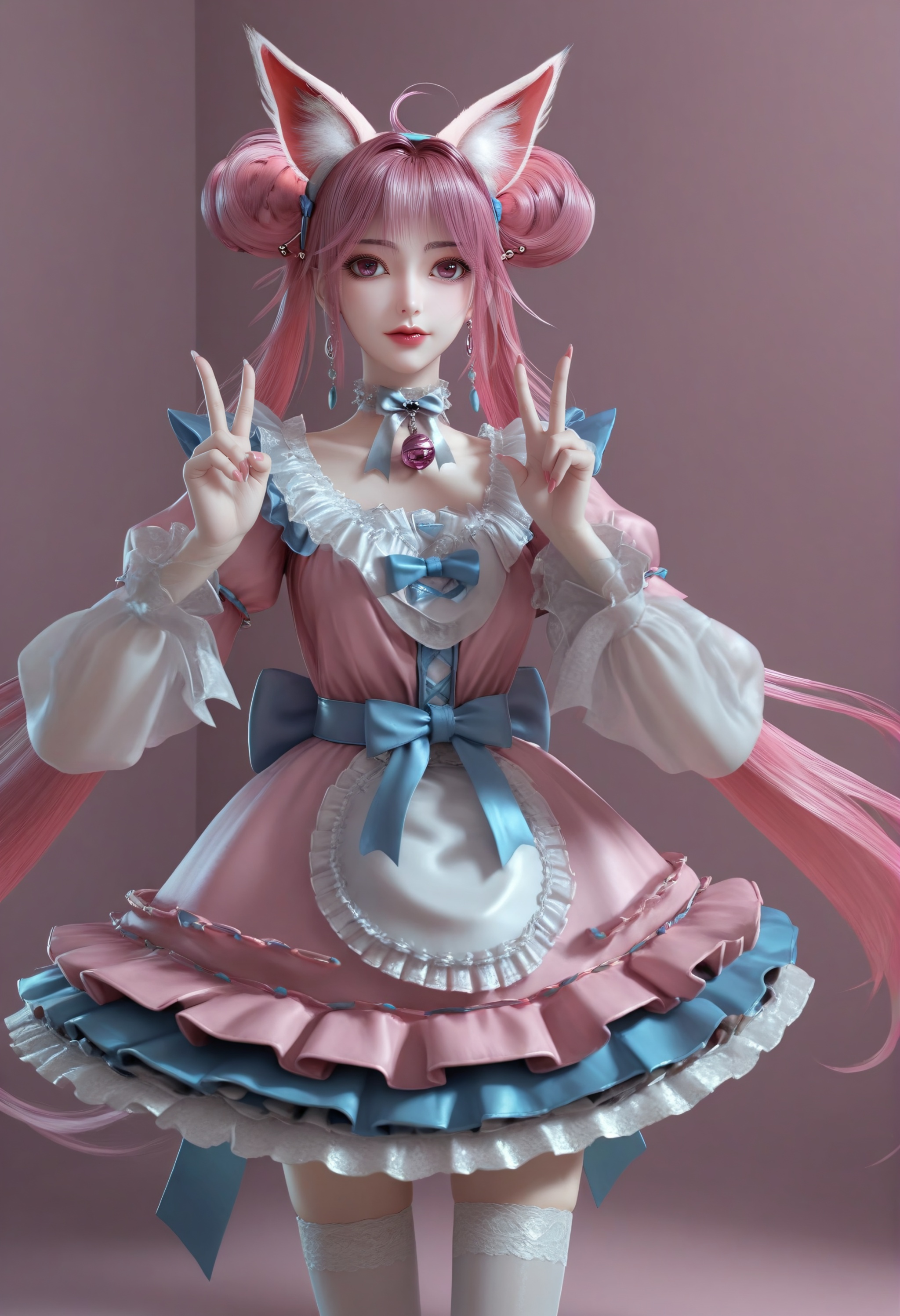 (score_9),<lora:小狸-Apony:0.85>,xiaohuli,solo,animal ear fluff,fox ears,double bun,long hair,twintails,pink hair,ahoge,hairband,earrings_ring,lipstick,choker,neck bell,frills,jewelry,earrings,maid dress,bow,belt,blue sash,thighhighs,white thighhighs,standing,<lora:perfect-eyes:0.8>,pink eyes,double v,fingernails,(pink_nails:1.1),(mature_female:1.1),mature,collarbone,<lora:e色温:0.5>,(white_skin),(fair_skin),<lora:e肤色滑块:0.5>,front view,light blush, simple background,(huge filesize:1.1),(wallpaper:1.1),(game cg:1.1),rim light,pink background,<lora:Expressive_H:0.8>,<lora:detailed_notrigger:1>,<lora:皮肤凹痕:1.2>,<lora:身材滑块:1>,