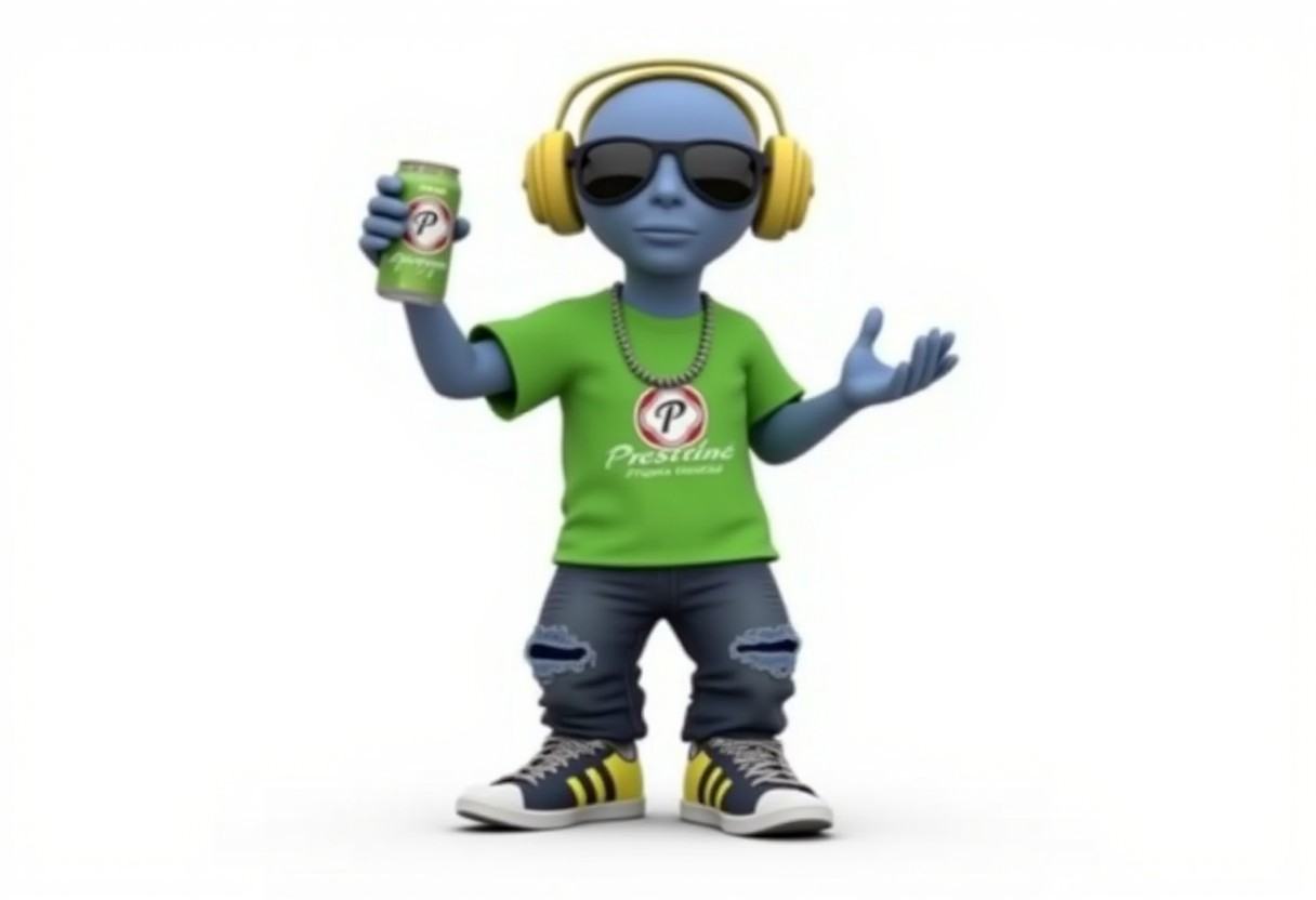TOKcerveza-Presidente "Generate an image of an alien wearing a green T-shirt with the Cristinini ൠ logo,  holding a can of...