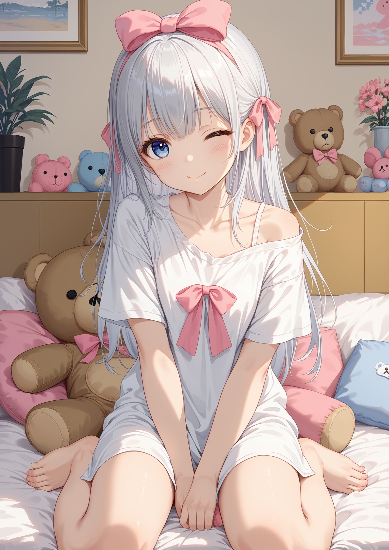 score_10,score_9,score_8_up,score_7_up,1girl,long hair,stuffed toy,stuffed animal,solo,one eye closed,blue eyes,bow,sitting,shirt,hair bow,blush,looking at viewer,pink bow,smile,white hair,t-shirt,ribbon,white shirt,short sleeves,teddy bear,off shoulder,wariza,collarbone,indoors,closed mouth,grey hair,