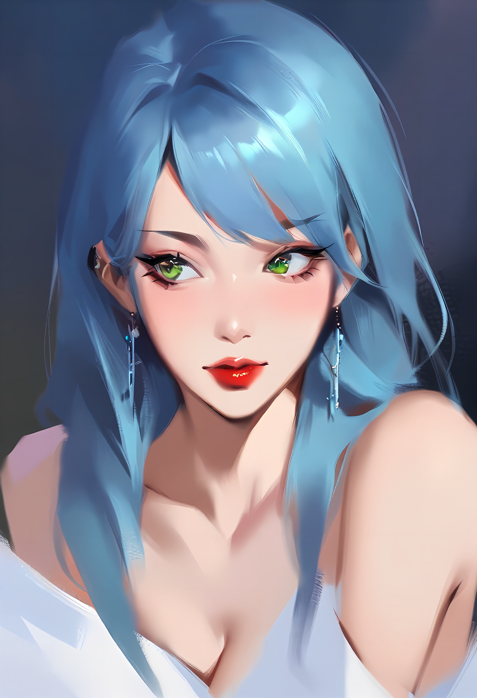 oblique side light,  a woman with short blue hair looks to the other side,  black eyebrows on Tensor.Art