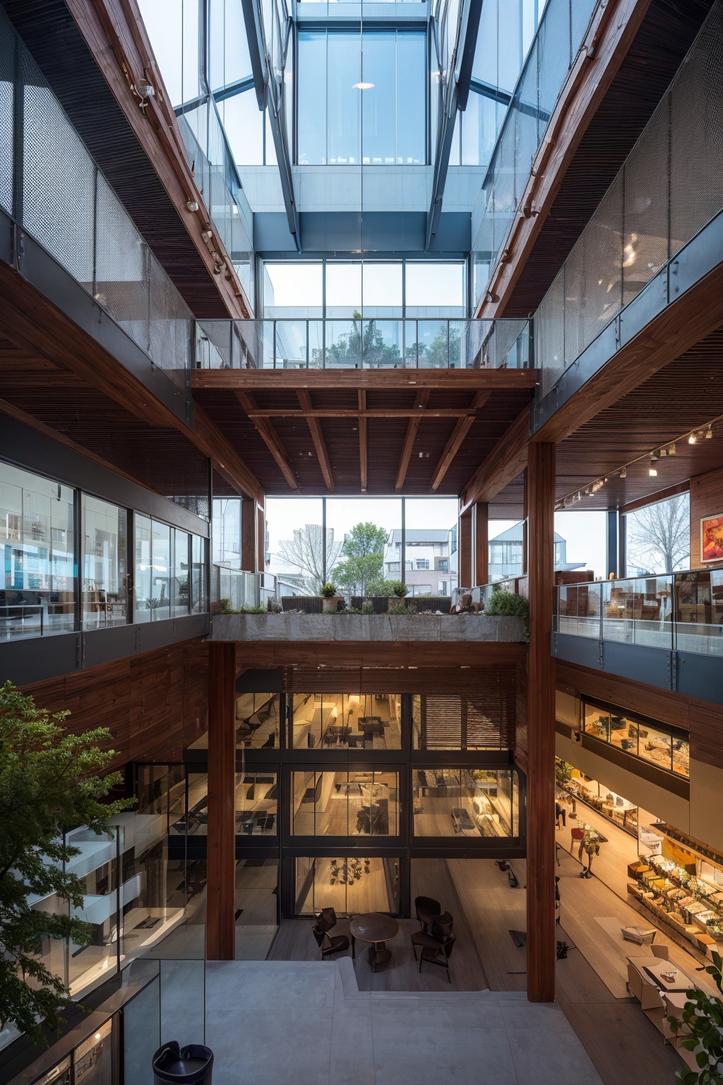 <lora:6602_8763_10140@f725fb3481:1>,factory renovation,art museum,furniture display,postmodern style,minimalism,white long upper shan,leisure space,artistic sense,commercial,interlayer,there is office space available,da tiaokong,steel structure roof,