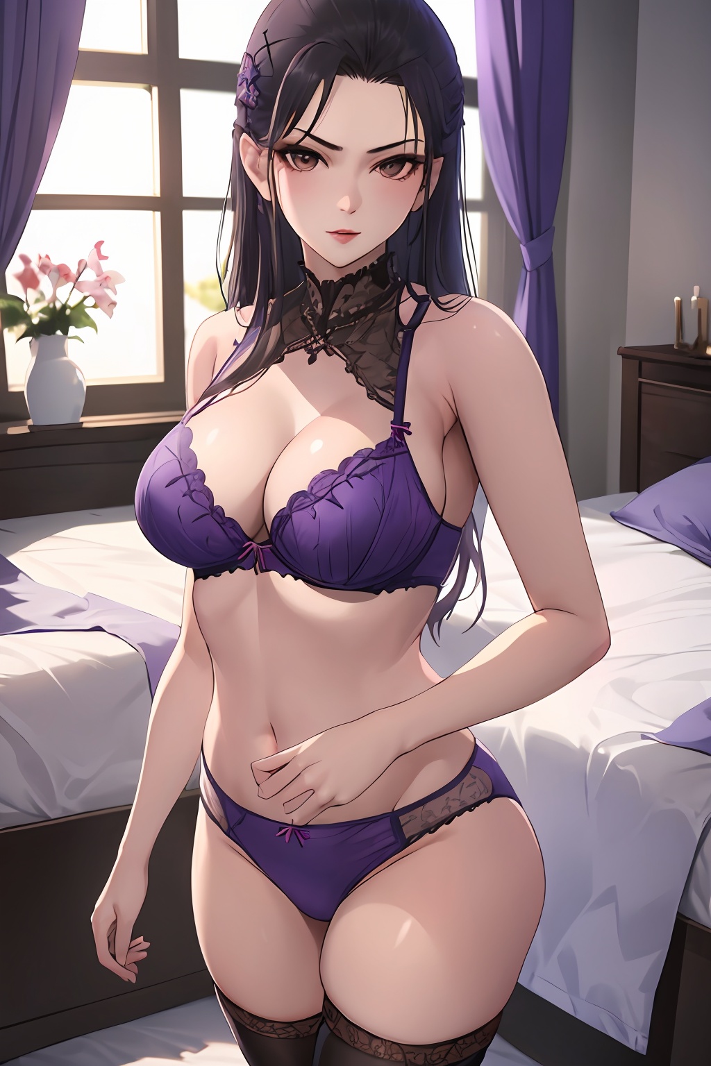 1girl,bare shoulders,purple theme,bed,bedroom,black hair,brown eyes,cleavage,purple_bra,black_curtains,lips,long hair,looking at viewer,realistic,solo,window,<lora:baichuan_v1:0.7>,thighhighs,standing,