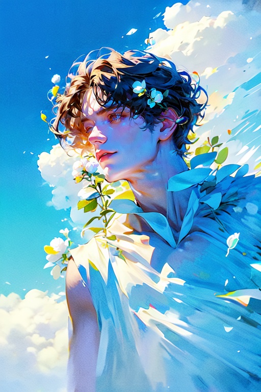 <lora:aaa-000030:1>,1boy,blue_theme,blue sky,clouds,flower,hpflower,highly detailed,ultra-high resolution,32K UHD,sharp focus,best-quality,masterpiece,unconventional supreme masterpiece,masterful details,temperate atmosphere,with a high-end texture,in the style of fashion photography,Dynamic Angle,Dynamic posture,