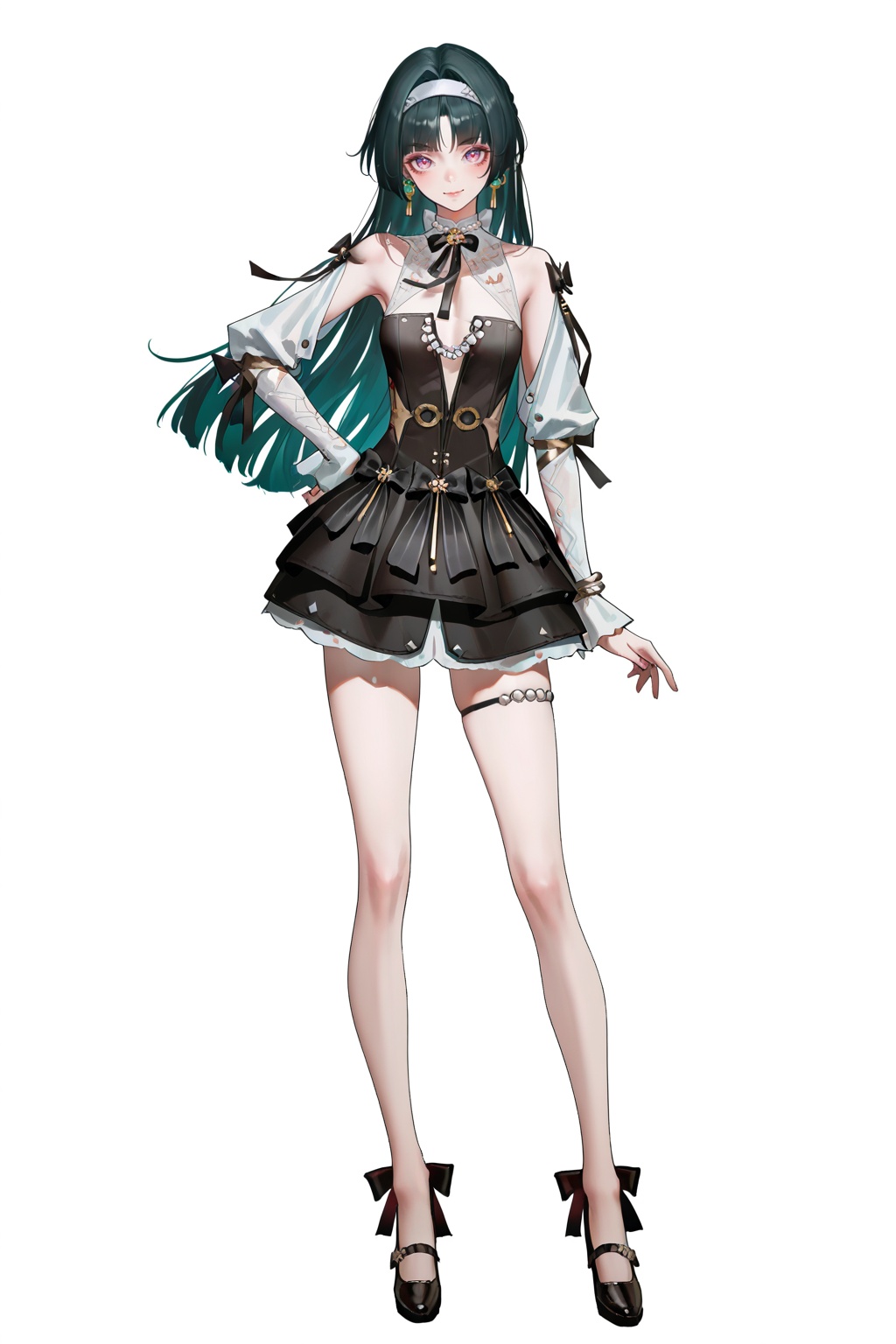 (artist:reoen:0.826446),(artist:machi:0.9),(artist:ningen_mame:0.9),(artist:sho_(sho_lwlw):0.9),(artist:rhasta:0.9),(artist:wlop:0.7),(artist:ke-ta:0.6),(fkey:0.5),(tianliang duohe fangdongye:0.5),(hiten \(hitenkei\):0.6),best quality,amazing quality,(artist:onineko:0.826446),very aesthetic,bokeh,masterpiece,best quality,<lora:wqmt-gnoob-Tanger:0.6>,Path to Nowhere  \(video game\),game CG,cool,full body,full shot,standing,looking at viewer,(solo:1.2),simple background,(white background:1.2),hand on own hip,(white background:1.1),<lora:yaojy-noob-Tanger-000014:0.8>,alternate costume,Astra Yao \(zenless zone zero\),clothes: yjy black short dress with white detached sleeves,1girl,solo,long hair,jewelry,earrings,hairband,thigh strap,bare legs,A full-body portrait of a young girl,standing gracefully,pastel art style,high-key lighting,shoujo manga influence,hd quality,delicate details,