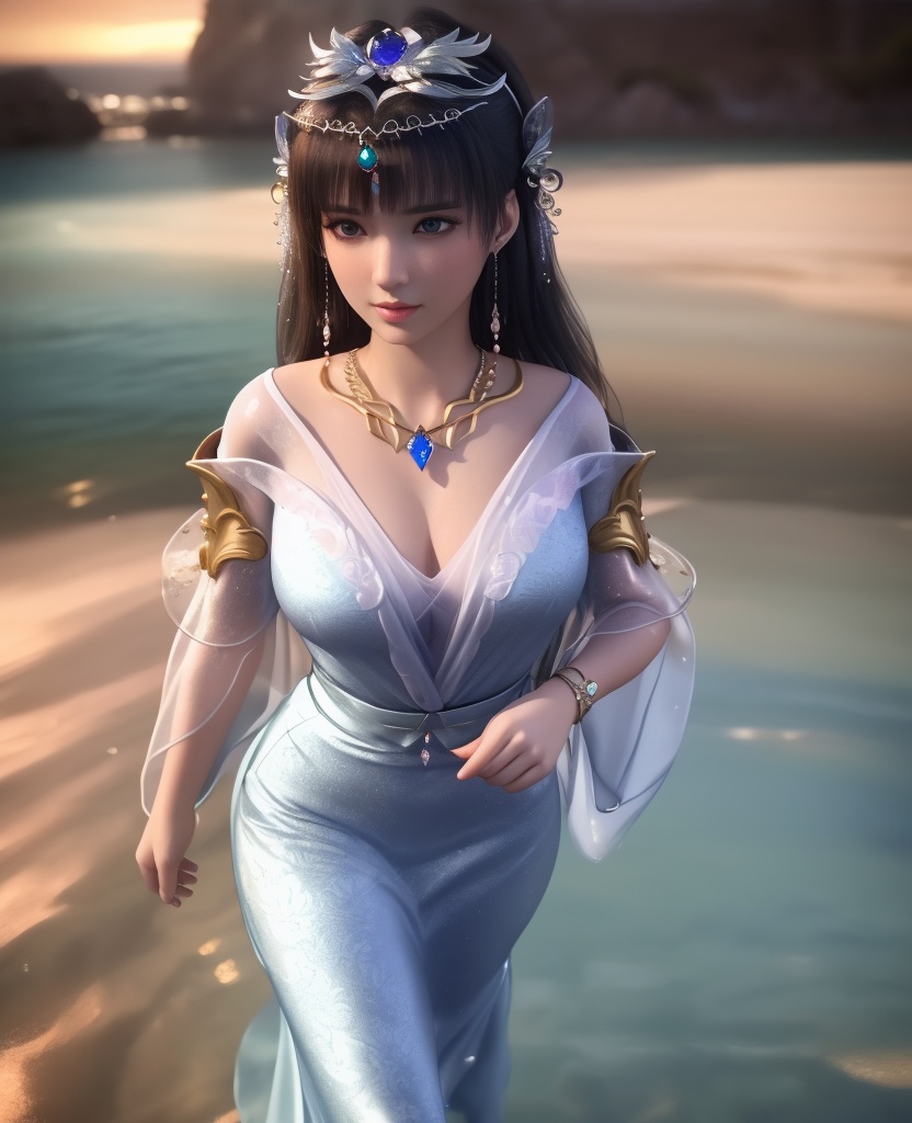 <lora:568-DA-星辰变-姜妍:0.8>(,1girl, ,best quality, ),looking at viewer,  ,ultra detailed background,ultra detailed background,ultra realistic 8k cg,, ,masterpiece,((((1girl, solo,  , solo focus, ,walking on liquid, ))))    (cleavage), (), ,ultra realistic 8k cg,   clean, masterpiece,     cinematic lighting, cinematic bloom, , (( , )),,  , unreal, science fiction, luxury, jewelry, diamond, gold, pearl, gem, sapphire, ruby, emerald, intricate detail, delicate pattern, charming, alluring, seductive, erotic, enchanting, hair ornament, necklace, earrings, bracelet, armlet,see-through sleeves, ,