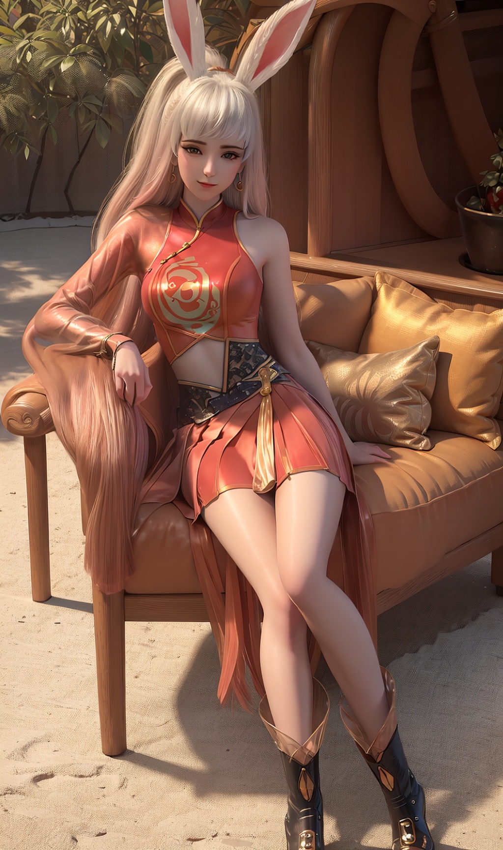 3D,masterpiece,(best quality),(makeup),official art, extremely detailed cg 8k wallpaper,((crystalstexture skin)), (extremely delicate and beautiful),(highly detailed),(1girl), (solo), (jewelry), (earrings),(long_hair),(hair),(hair_ornament),(handwear),(sitting),,(full_body,whole_body),((dress,skirt)),(multicolored_clothes),(multicolored_dress),,(collar),,((breasts:1.000),(bangs:1.000),(chinese_clothes),(adapted_costume),((closed_mouth)),(glove:1.000),(animal_ears:0.736),(rabbit_ears:0.759),(traditional_clothes:0.790),,(long_legs),(abdomen),(navel),(sunshine, outdoor,sofa),((looking_at_viewer)),((Facing the camera)),,(boots:1.000), (ankle_boots:0.987),, <lora:hipoly3DModelLora_v10:0.3>