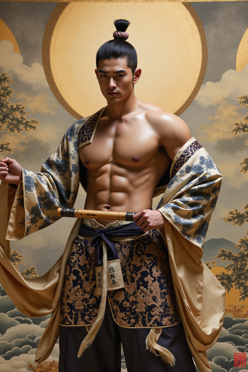 asain man,A muscular martial artist swathed in brocade with cloud-**** patterns,his sleeves fluttering **** splashed ink landscapes. A jade-inlaid bamboo flute hangs from his waist,and behind him unfolds a hundred-meter-long scroll of splashed-color mountain and river paintings. The interweaving of cold moonlight and the shimmering golden strokes within the scroll unfolds a chivalrous legend spanning the martial world...jzns,wak,double-exposure,