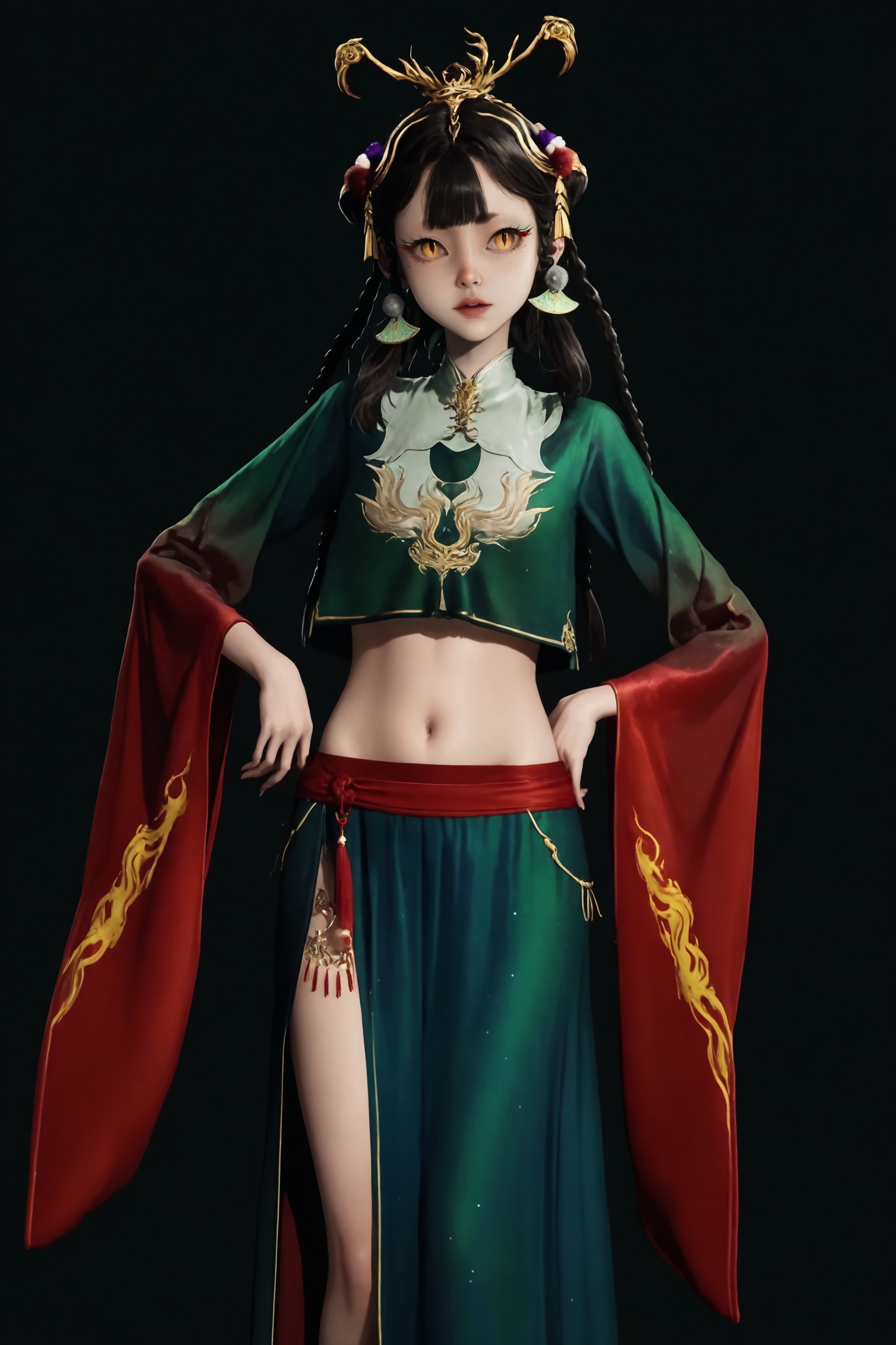 black background,standing,looking at viewer,1girl,xqe\(msj\),hair ornament,black hair,long hair,hair rings,hair bun,multiple braids,earrings,yellow eyes,slit pupils,mole under eye,lips,chinese clothes,midriff,navel,long sleeves,green shirt,green skirt,long skirt,red footwear,