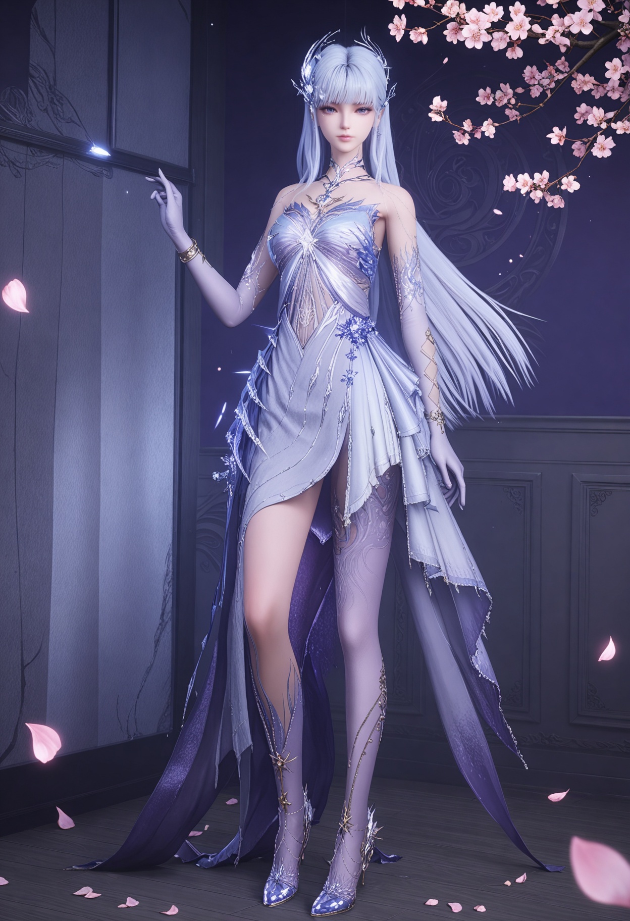 (standing full_body:1.1),looking at viewer:1.1,masterpiece,(best quality),smog,Dark room,dim lighting,peach blossom,falling petals,<lora:YQ_Illustrious光辉v5_圣采儿_服装7_无翅膀和武器_V1:0.8:lbw=1,1,1,1,1,1,1,1,1,0.8,0.8,0.1>,q1528437228,1girl,solo,dress,long hair,white hair,hair ornament,gloves,high heels,purple eyes,elbow gloves,blue eyes,jewelry,blue dress,blunt bangs,pantyhose,white dress,purple dress,thighhighs,white gloves,purple pantyhose,thighs,earrings,purple footwear,purple gloves,blue hair,purple hair,bracelet,purple thighhighs,strapless dress,