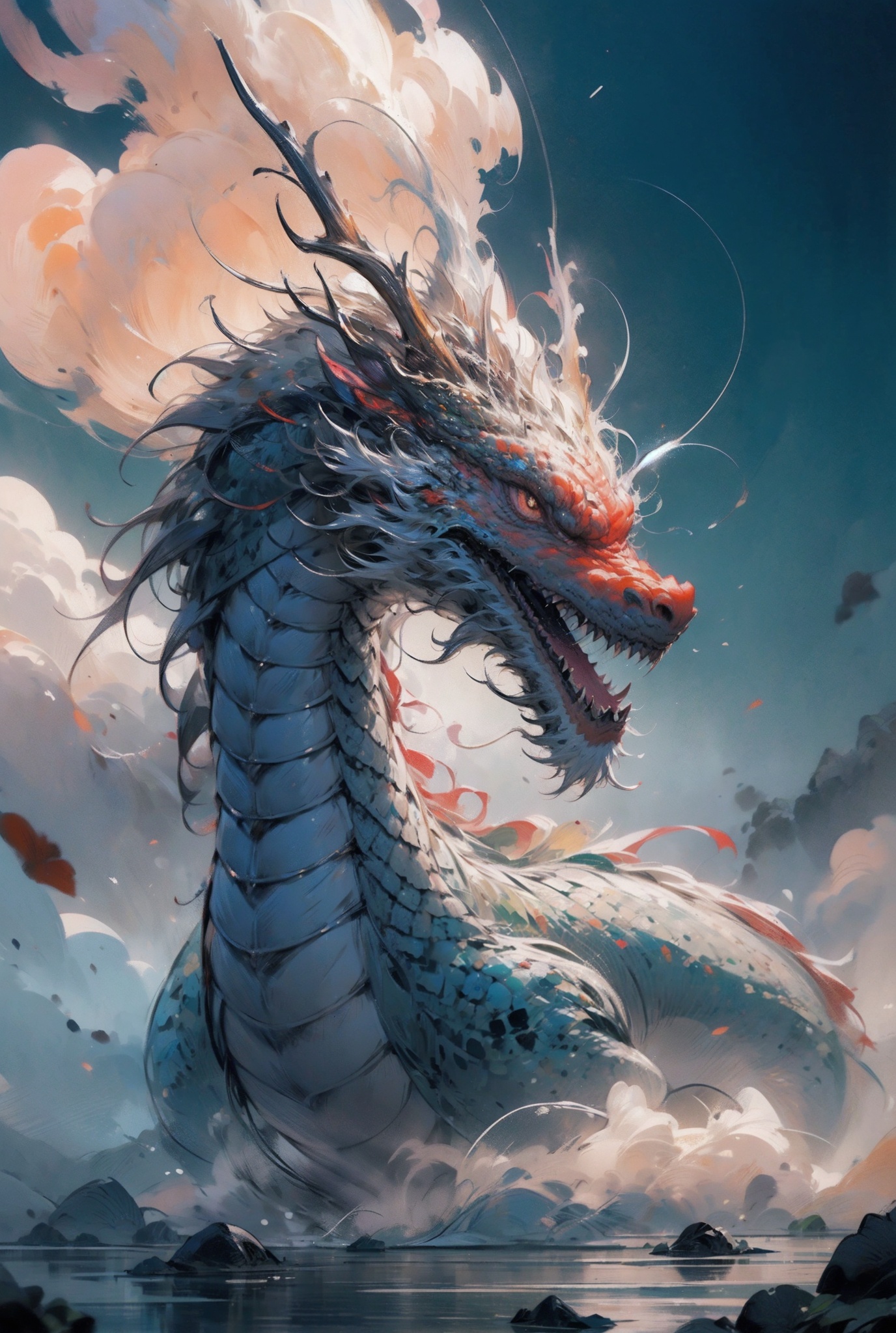 chinese dragon, sky, no humans, ((masterpiece, best quality)), magnificent, uhd image, best quality, 8k resolution,