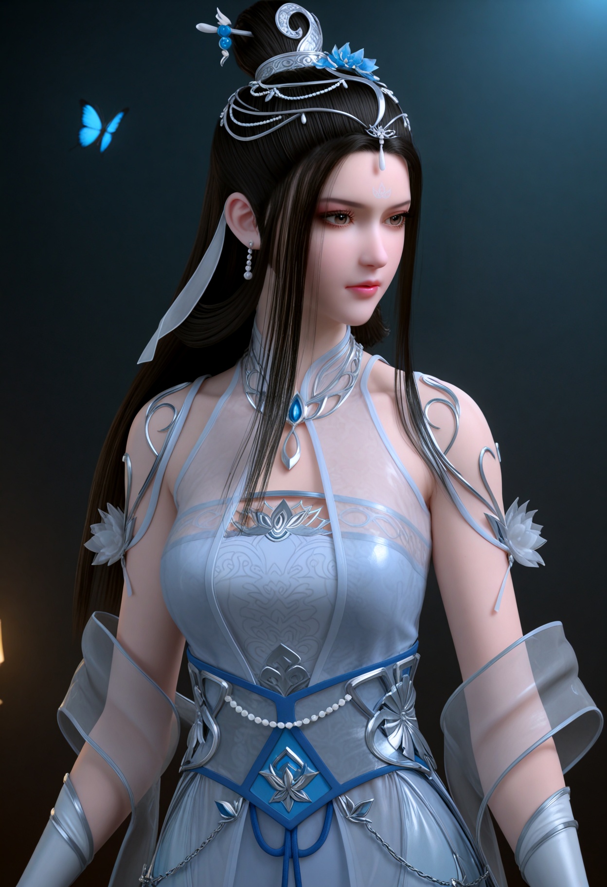 upper_body,(gigantic breasts:0.6),(slender:1.3),(looking_at_viewer:1.1),(masterpiece:1.1),(best quality:1.2),(intricate details),(smog:1.3),(Dark room:1.3),(dim lighting:1.3),<lora:YQ_Illustrious光辉v5_绫清竹_V1:0.8>,q1528437228,1girl,solo,black_hair,long_hair,hair_ornament,dress,jewelry,earrings,white_dress,hair_bun,forehead_mark,facial_mark,chinese_clothes,single_hair_bun,sash,blue_dress,bare_shoulders,see-through,brown_eyes,brown_hair,flower,gloves,anklet,necklace,tiara,detached_sleeves,gawr_gura,virtual_youtuber,butterfly,tassel,tattoo,white_gloves,armor,masterpiece,(best quality),(intricate details:0.9) BREAK (intricate details:0.9),(realistic skin:1.2),masterpiece,best quality,newest,absurdres,hiahres,