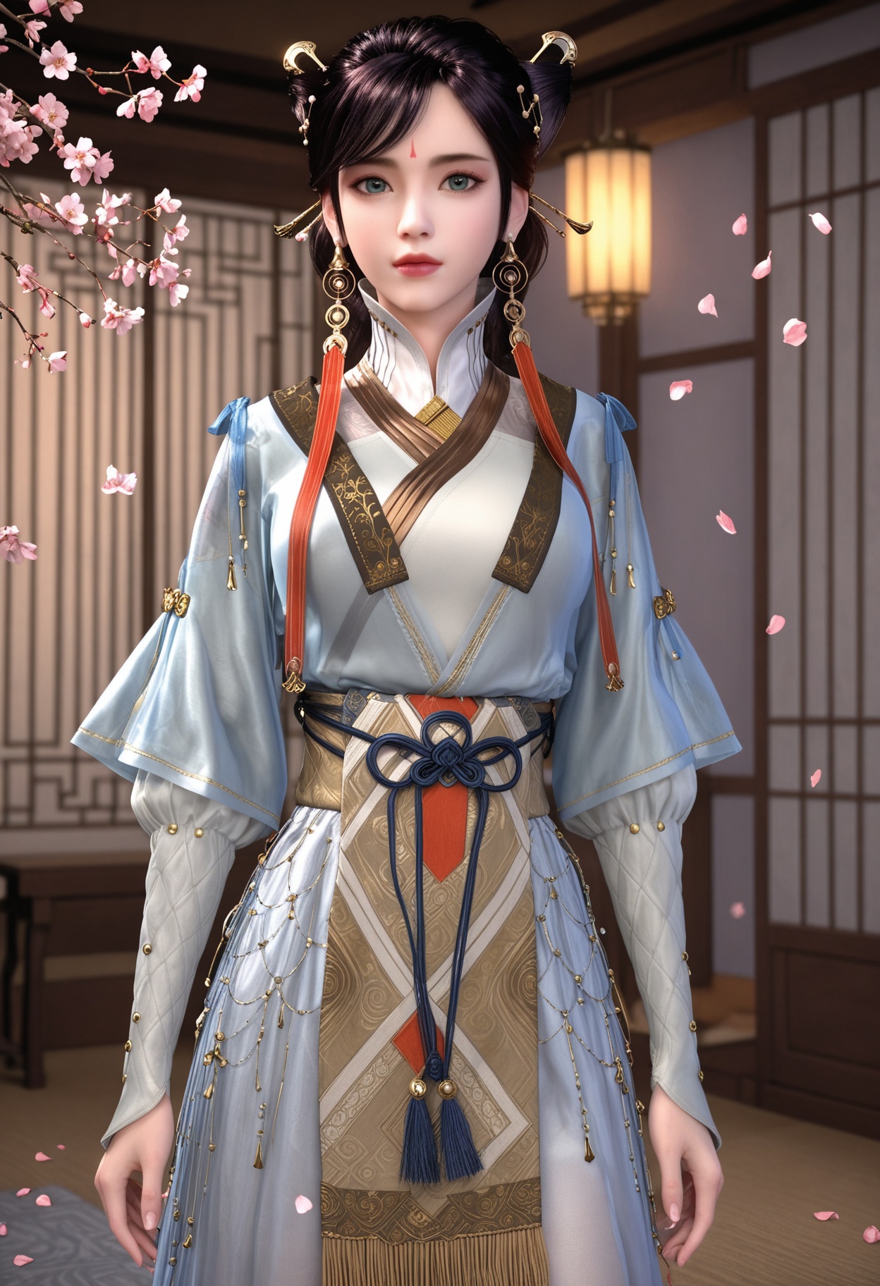 (cowboy shot:1.2),(looking at viewer:1.1),masterpiece,(best quality),smog,Dark room,dim lighting,peach blossom,falling petals,<lora:YQ_Illustrious光辉v5_徐灵犀_V1:0.8>,q1528437228,1girl,solo,jewelry,earrings,hair ornament,black hair,lips,chinese clothes,dress,forehead mark,green eyes,hair bun,long hair,makeup,brown hair,hair stick,long sleeves,tassel,boots,white pantyhose,braid,blue eyes,brown eyes,double bun,