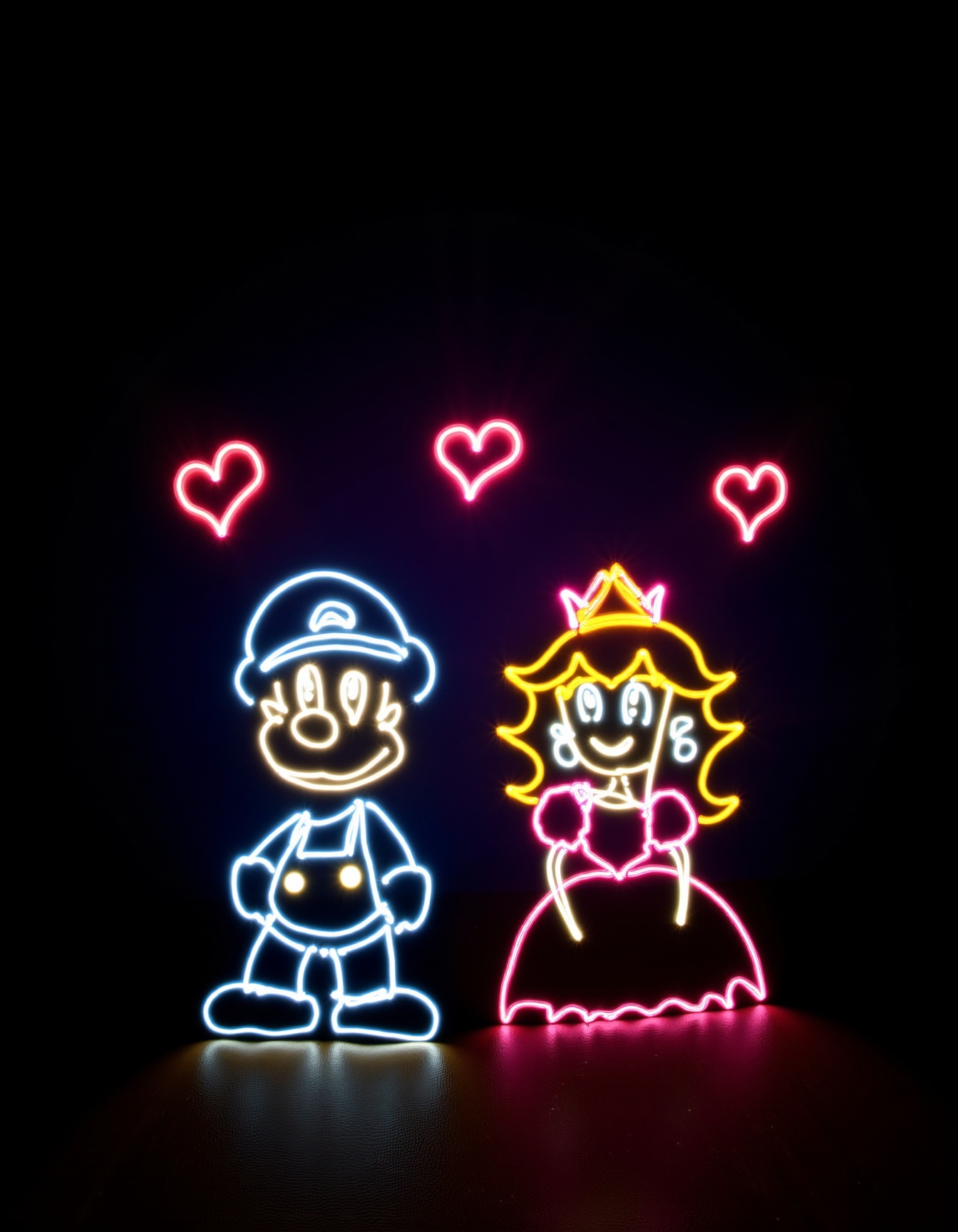 a lightPainting of mario and princess peach with hearts over their heads on Tensor.Art