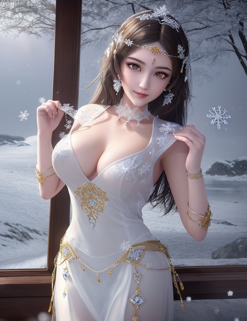 ultra realistic 8k cg, flawless, clean, masterpiece, professional artwork, famous artwork, cinematic lighting, cinematic bloom, perfect face, beautiful face, fantasy, dreamlike, unreal, science fiction,   lace, lace trim, lace-trimmed legwear, luxury, jewelry, diamond, gold, pearl, gem, sapphire, ruby, emerald, intricate detail, delicate pattern, charming, alluring, seductive, erotic, enchanting, hair ornament, necklace, earrings, bracelet, armlet,halo,autumn,((,1girl, pov,best quality, ))  , ((((1girl, solo,outdoors, large breasts,,snowflakes,  snow, snowing,   ))))    <lora:DA_BaiCai:0.7>