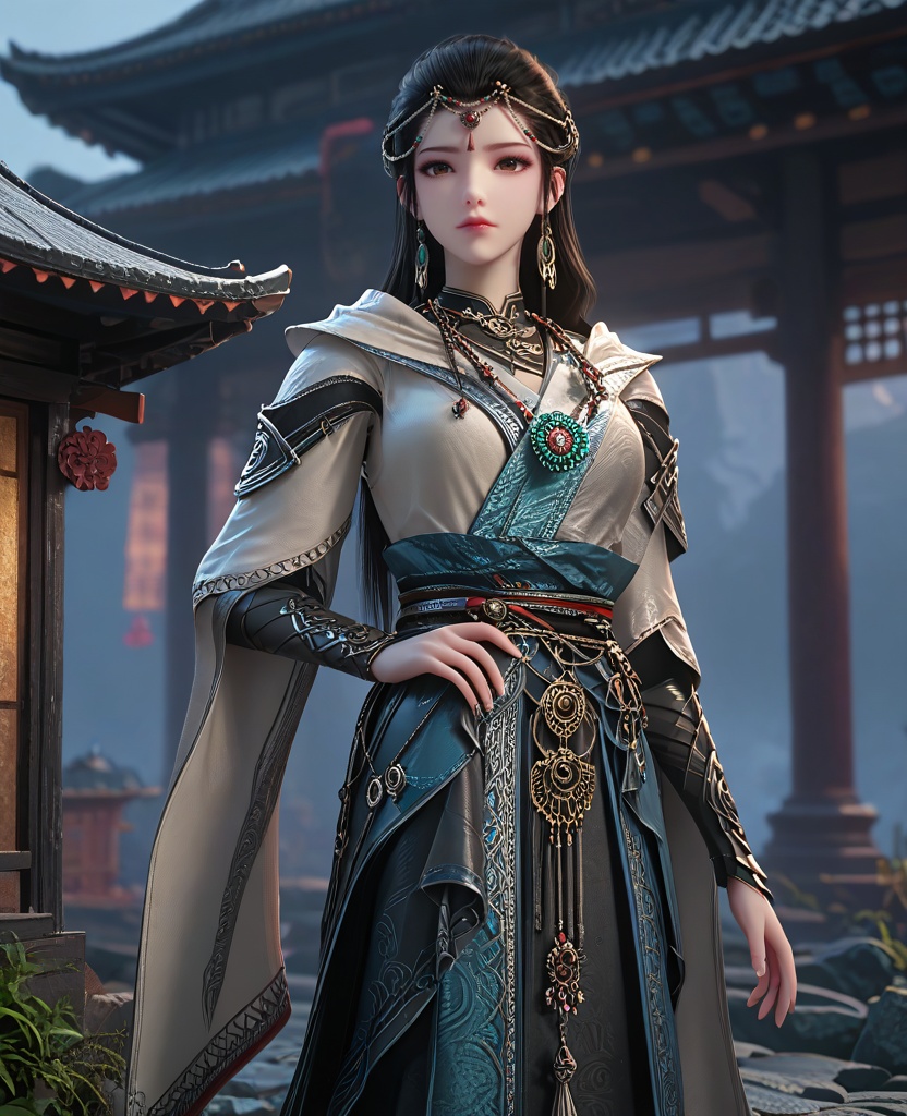 (oriental architecture, elegant decor, sophisticated style:1.1),(Heroic Gaze, Standing tall, one hand on the hip, and looking confidently into the distance,:1.1),(breasts:1.2),<lora:XL16长生界龙岛兰诺:0.95>,miss lannuo,tiered dress,brown eyes,forehead chain,black hair,long hair,earrings,jewelry,necklace,vambraces,sash,assassin‘s cloak,hood,, score_9,score_8_up,score_7_up,score_6_up,score_5_up,score_4_up,3d rendering,tag1,tag2, Cinematic Lighting,backlighting,