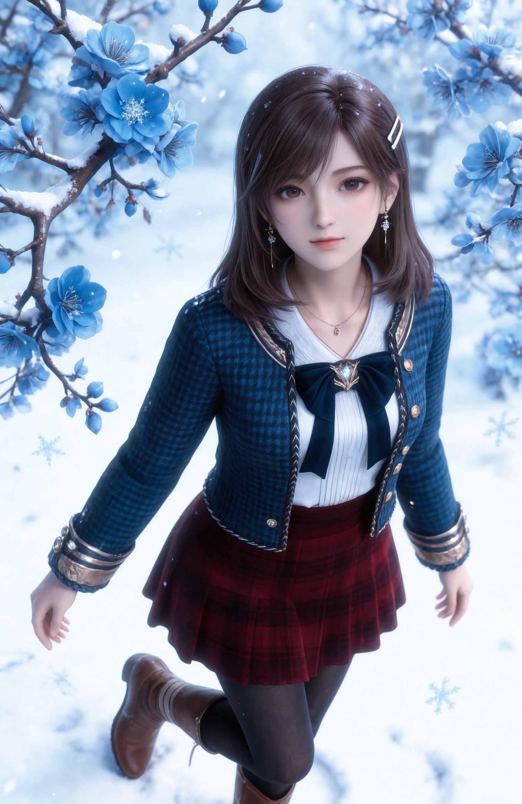 <lora:T-吞噬星空-徐欣IL:0.7> 1girl, long hair, brown hair, hair ornament, earrings, brown eyes, hairclip, necklace, blue jacket,open jacket,ribbon, white shirt,black pantyhose,red skirt, brown footwear, plaid skirt,, solo,  upper body, blue flower, looking at viewer, snowflakes, closed mouth, branch,