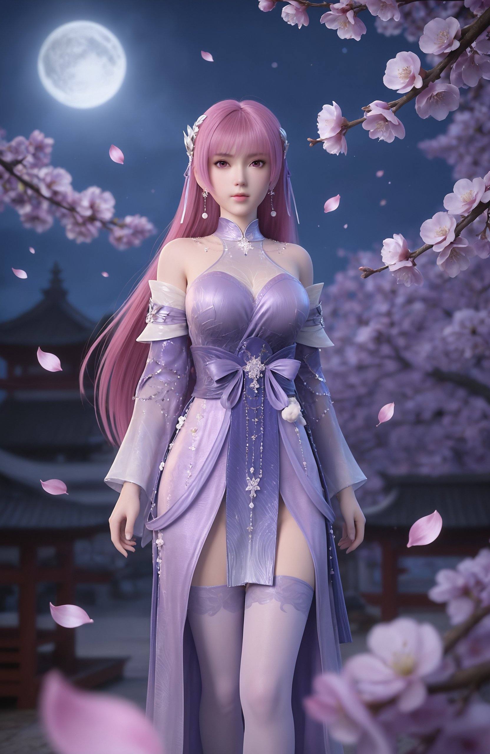 masterpiece,best quality,amazing quality,very aesthetic,high resolution,ultra-detailed,absurdres,scenery,photorealistic,looking at viewer,moody lighting,realistic,photorealistic details,falling petals,cherry blossoms, <lora:妖神记-叶紫芸Pony-v2:0.7> 1girl, long hair, pink eyes, pink hair, jewelry, earrings, purple dress,chinese clothes, detached sleeves, thighhighs,purple footwear,, 1girl,solo,shiny,shiny_hair,upper_body,fair_skin,white_skin,shiny_skin,shiny,Ivory_skin,looking at viewer,cinematic lighting,volumetric lighting,solo focus,blurry background,depth of field,night,sky,night sky,full moon,moonlight,