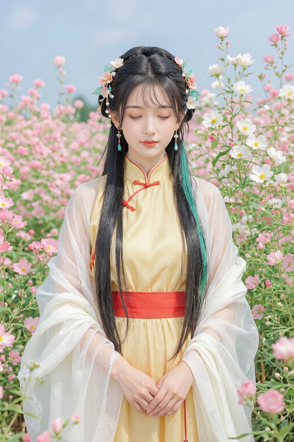 A photograph of an East Asian woman standing in a field of blooming flowers, with a serene expression. She has long, straight black hair adorned with delicate floral hair accessories. She wears a traditional Chinese qipao dress in soft yellow with a red sash, and a sheer white shawl draped over her shoulders. The background features pink and white flowers, with a clear blue sky. The image captures a peaceful, ethereal atmosphere.