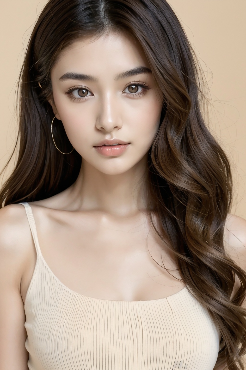 (Camera film style:1.1),1girl,asians,a young woman with long,wavy brown hair. She has a calm and serene expression,and her eyes are accentuated with makeup,especially around her eyes. She is wearing a beige knitted sweater over a white **** top. The background is plain and light-colored,which emphasizes her features,, masterpiece,best quality,