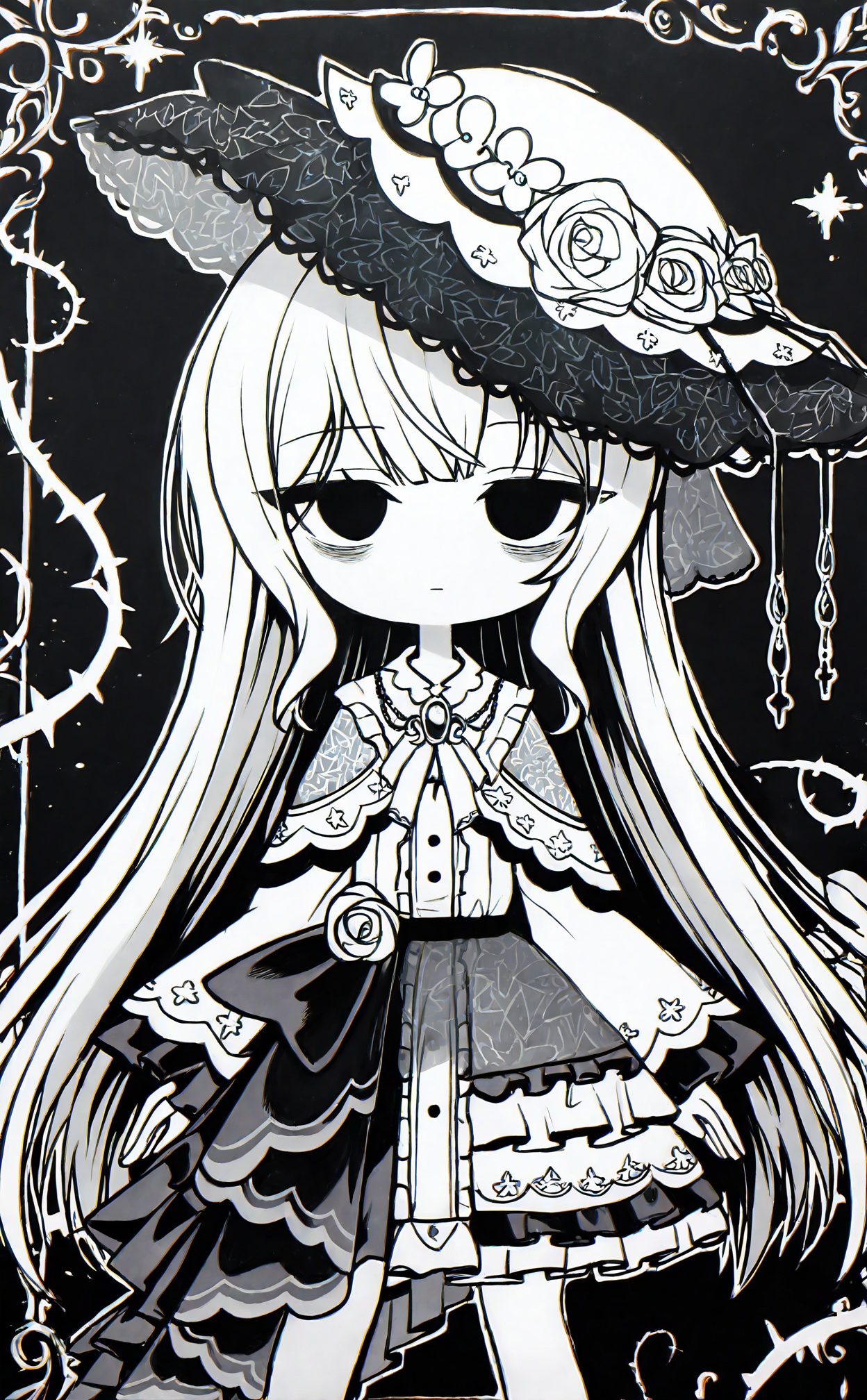 masterpiece,highres,absurdres,newest,best quality,loli,petite,high quality,chromatic_aberration,//,tsukishiro_yuki,1girl,long_hair,solo,hat_flower,flower,rose,stitches,looking_at_viewer,dress,monochrome,frills,straight-on,frilled_hat,hat,bags_under_eyes,expressionless,black_background,very_long_hair,sidelocks,closed_mouth,greyscale,brooch,hat_ornament,long_sleeves,frilled_capelet,simple_background,halo,frilled_dress,chibi,buttons,jewelry,capelet,traditional_media,white_rose,veil,straight_hair,ascot,thorns,star_\(symbol\),lace_trim,//,//,<lora:tsukishiro_yuki2——【noob】hans:1>,