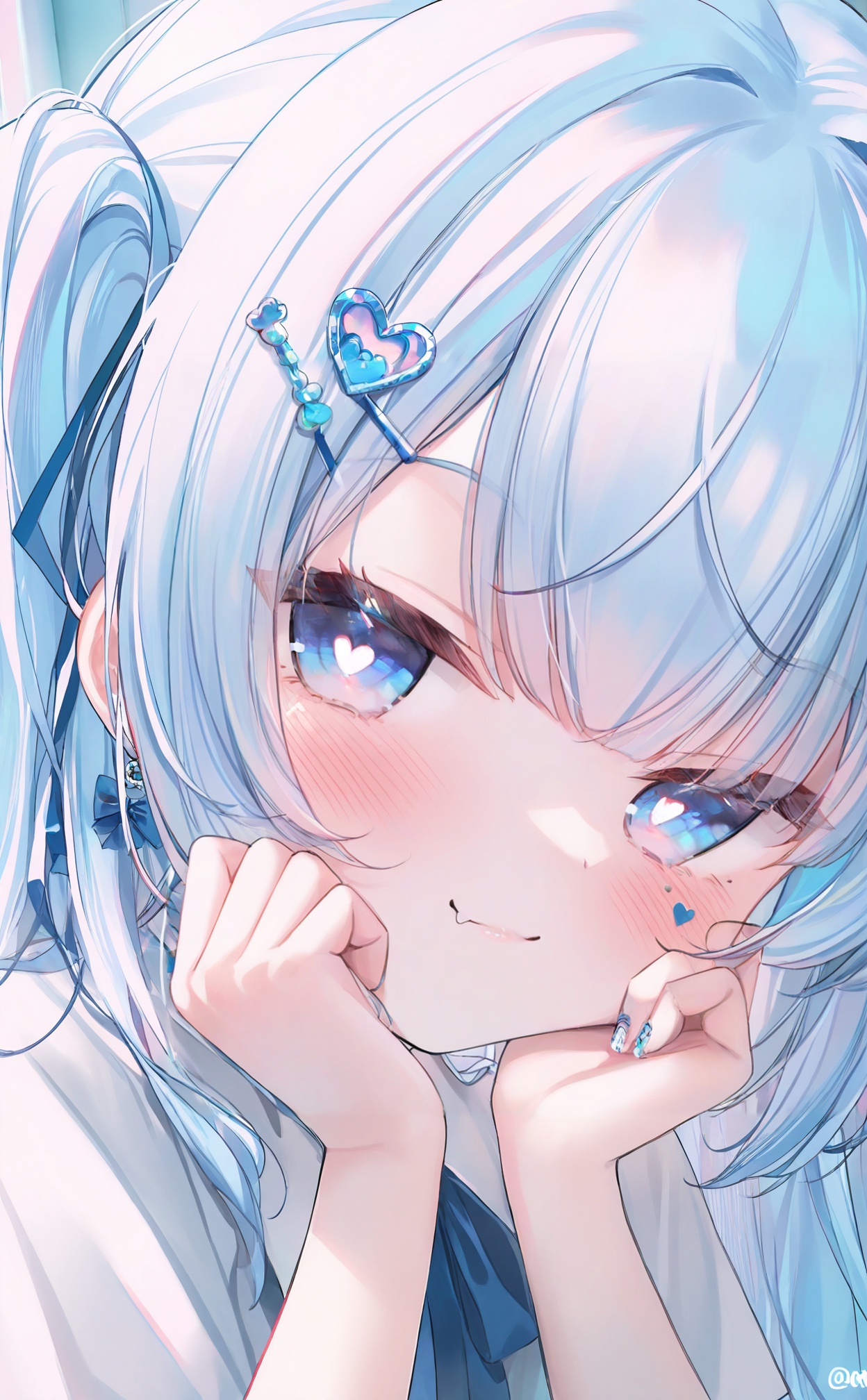 masterpiece,highres,absurdres,newest,best quality,high quality,loli,petite,chromatic_aberration,//,1girl, solo, blue eyes, hair ornament, skin fang, looking at viewer, blue hair, hairclip, portrait, nail art, jewelry, blue nails, fang, close-up, sticker on face, hands on own face, earrings, heart, nail polish, closed mouth, hands on own cheeks, bow, smile, heart facial mark, heart hair ornament, twitter username, heart in eye, bow earrings, blue theme, blue bow, hands up, symbol in eye, fang out, x hair ornament, diamond (shape), mole, star facial mark, artist name, mole under eye, eyelashes, blush, multiple hairpins, light blue hair//,<lora:guizhencao1114——【noob】hans:1>,