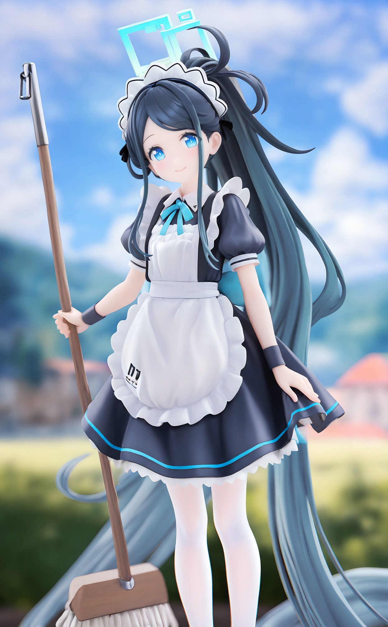 masterpiece,highres,absurdres,newest,best quality,high quality,loli,petite,chromatic_aberration,//,1girl,aris (blue archive),aris (maid) (blue archive),official alternate costume,long hair,solo,apron,maid,halo,black hair,maid headdress,blue eyes,maid apron,blurry,very long hair,borrowed clothes,pantyhose,short sleeves,sidelocks,smile,dress,white apron,depth of field,black dress,holding,white pantyhose,blurry background,ponytail,sky,frilled apron,holding mop,frills,absurdly long hair,official alternate hairstyle,mop,puffy sleeves,standing,cloud,outdoors,puffy short sleeves,closed mouth,ribbon,cloudy sky,neck ribbon,blue sky,broom,looking at viewer,parted bangs,wristband,//,//,<lora:pvc666——【noob】hans:1>,