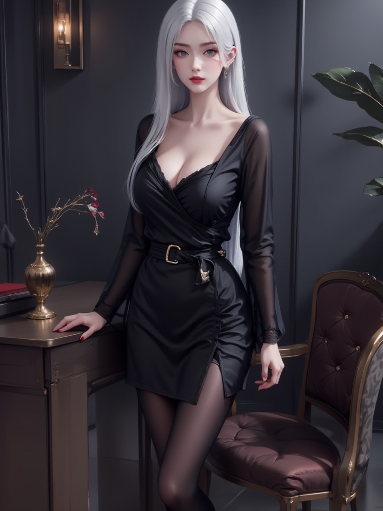 1girl,breasts,solo,long hair,dress,white hair,cleavage,pantyhose,red lips,looking at viewer,indoors,standing,black dress,long sleeves,closed mouth,makeup,nail polish,jewelry,grey eyes,earrings,black pantyhose,high heels,red nails,lips,medium breasts,clothing cutout,black footwear,belt,lipstick,boots,full body,large breasts,table,cleavage cutout,
