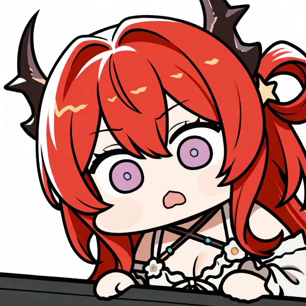 chibi,1girl,solo,upper body,surtr \(colorful wonderland\) \(arknights\),arknights,,horns,long hair,purple eyes,red hair,very long hair,hair rings,star hair ornament,hair ornament,hair between eyes,hair intakes,meme,open_mouth,parody,shocked_black_guy_(meme),wide-eyed, ,white background,simple background,<lora:JazzJack_noob1:0.9>,