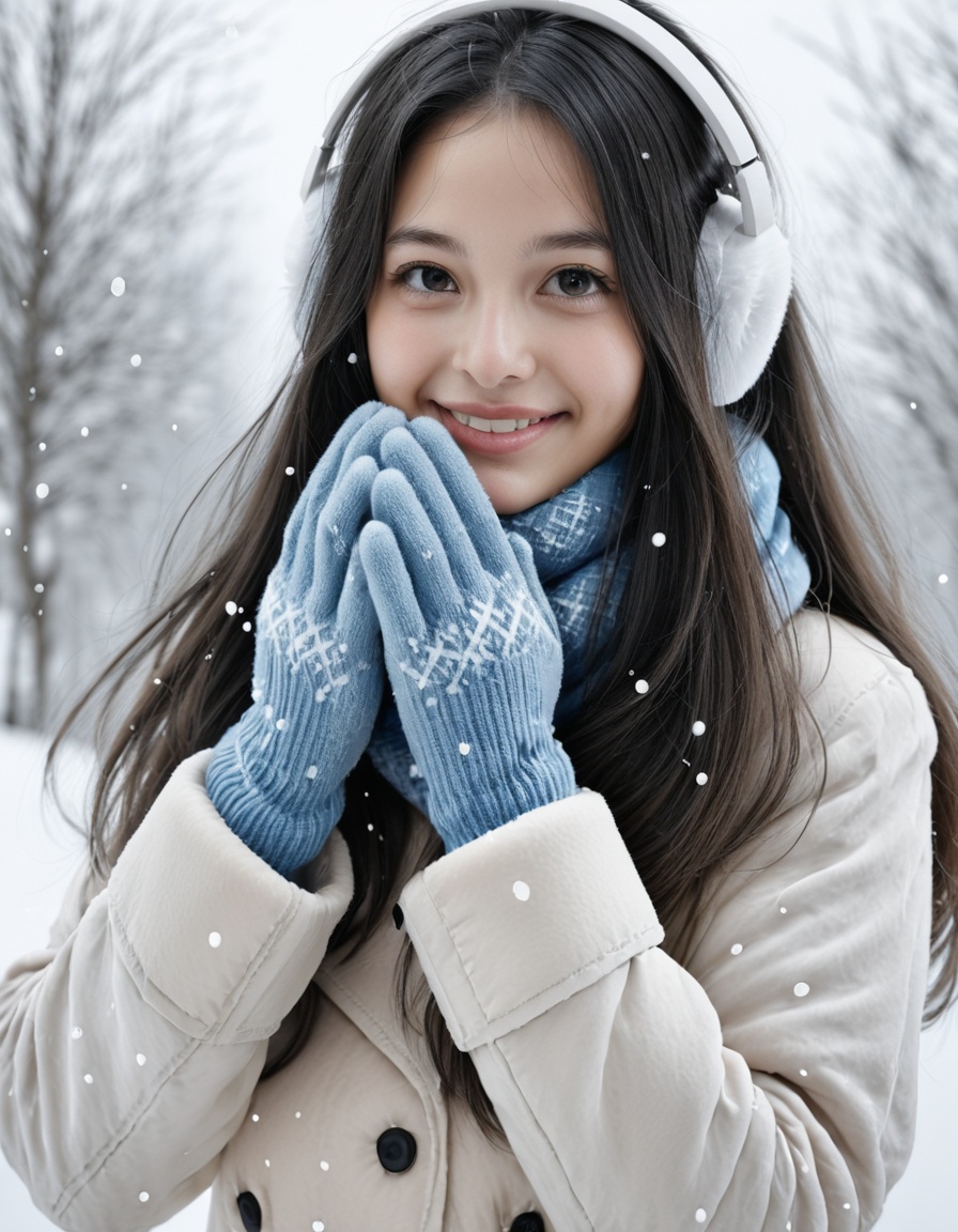 Surrealism,atnr,masterpiece,best quality,amazing quality,very aesthetic,absurdres,newest,extreme aesthetic,in the style of fashion photography,light particles,cinematic lighting,Visual impact,sharp focus,depth of field,dutch angle,scenery,1girl,solo,parted lips,looking at viewer,black hair,long hair,snowing,scarf,earmuffs,mittens,blue scarf,upper body,snow,coat,hands up,black eyes,straight-on,long sleeves,blue background,hands on own face,smile,winter clothes,blue gloves,brown eyes,white coat,floating long hair,realistic,photorealistic,
