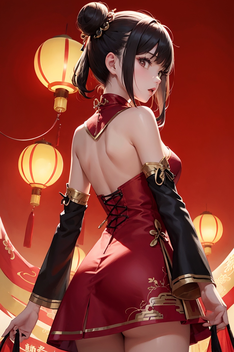 neo-chinese style,national tide,1girl,dress,red dress,solo,red background,hair bun,lantern,new year,new year costume,red theme,detached sleeves,black hair,paper lantern,single hair bun,from behind,arm warmers,short hair,new year 2021,<lora:sdxl_National fashion:0.8>,masterpiece,best quality,
