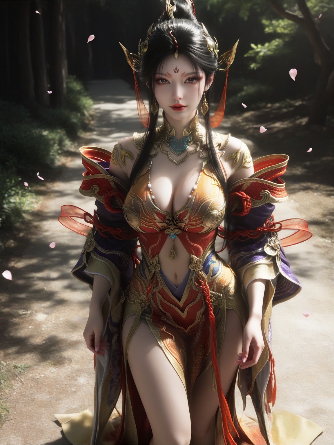 masterpiece,ultra-HD,photorealistic,high detail,best quality,8k,best quality,sharp focus,ray-tracing,1girl,SFNanGongJin,breasts,large breasts,long hair,hair ornament,black hair,lipstick,red lips,dress,detached sleeves,forehead mark,falling petals,eyelashes,makeup,solo,looking at viewer,standing, enchanting expression,outdoors, <lora:SF_NanGongJin_IL_Real-000004:0.7>,