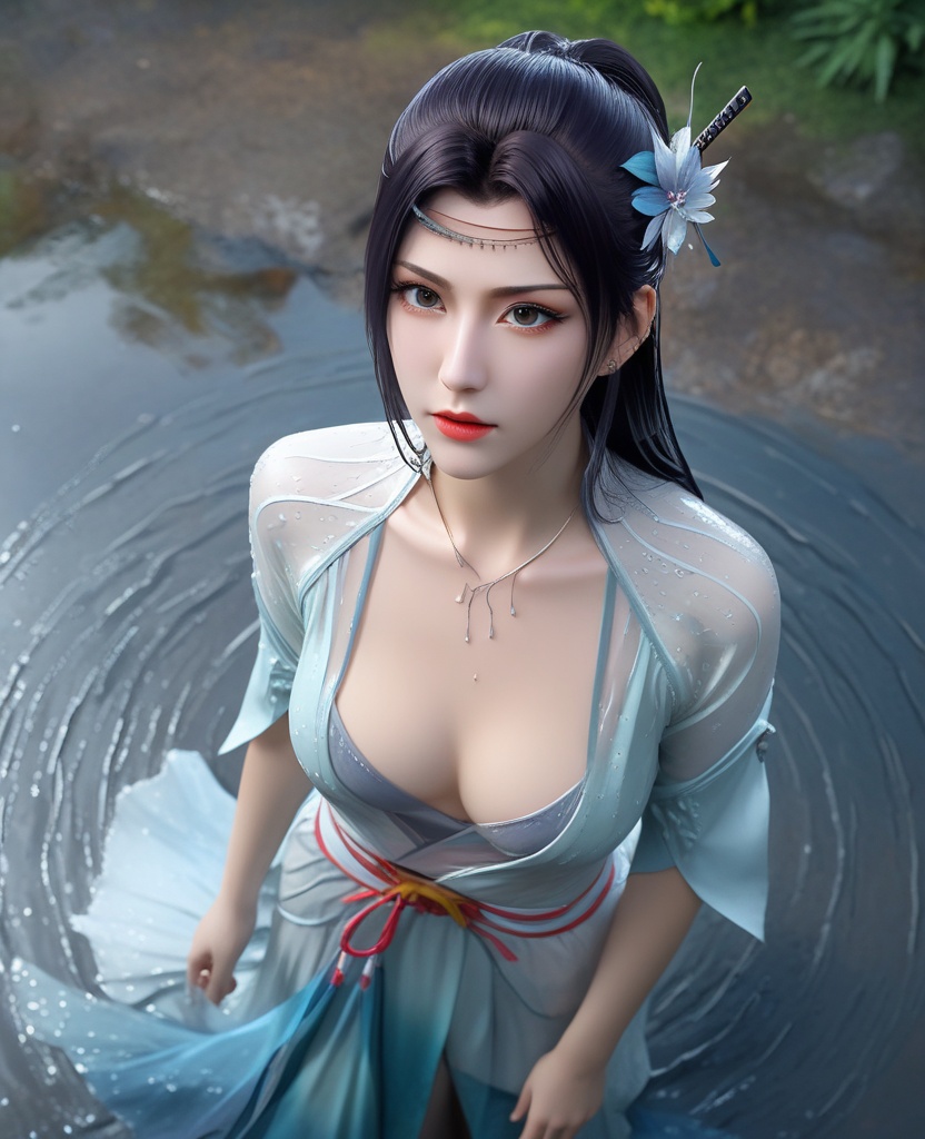 <lora:575-DA-XL-斗破苍穹-云韵-绿服:0.8>(,1girl, ,best quality, ),looking at viewer,  ,(Highest picture quality), (Master's work), full body, (ultra-detailed), the portrait is centered, 1girl, raiden shogun, nsfw, (wet clothes), blush, bare hips, (sheer shirt), (from above:1.7), (translucent dress), water drop, (rain), (outdoors), stained, wet hair, wet dress, wet, scenery, (long hair), nature background, close up, ((on back)), water,masterpiece, best quality, ultra high res, highly detailed, (abstract expressionism art:1.4), [girl | fire ghost:10], love,, dark rainbow theme, colorful, visually stunning, beautiful, gorgeous, emotional, intricate, perferct shading, rainbow hair,upper body,(cleavage),