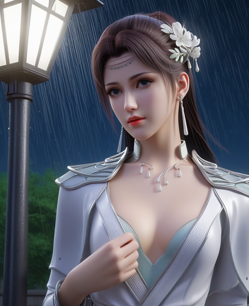 <lora:576-DA-XL-斗破苍穹-云韵-白服:0.8>(,1girl, ,best quality, ),looking at viewer, ,ultra detailed 8k cg, ultra detailed background,  ultra realistic 8k cg,          cinematic lighting, cinematic bloom, (( , )),,  , unreal, science fiction,  luxury, jewelry, diamond, pearl, gem, sapphire, ruby, emerald, intricate detail, delicate pattern, charming, alluring, seductive, erotic, enchanting, hair ornament, necklace, earrings, bracelet, armlet,halo,masterpiece, (( , )),,  ,cherry blossoms,(((, night,night sky,lamppost,  ultra high res, (photorealistic:1.4), raw photo, 1girl, , rain, sweat, ,wet, )))(( , ))   (cleavage), (),