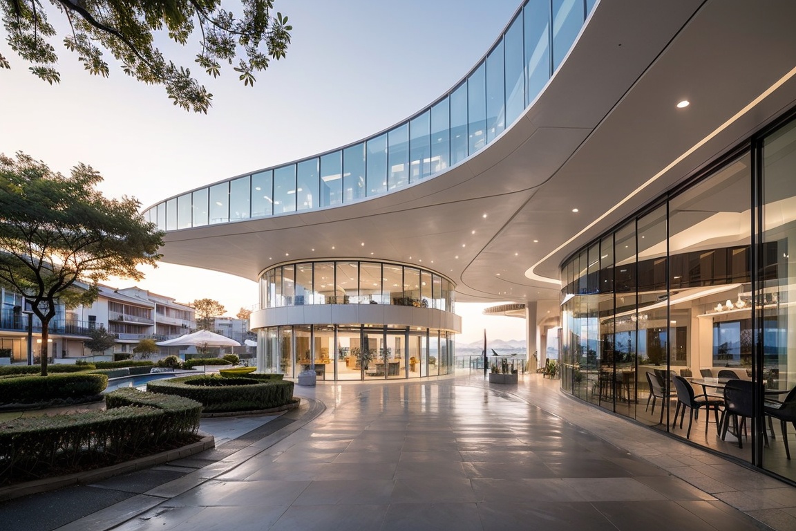 this is an offshore building,(curved architecture:1.2),(gradient texture:1.1),white concrete,ocean,(the shimmering sea surface:1.2),(sea_spray:1.2),dusk,Transparent glass,water,reflection,tree,