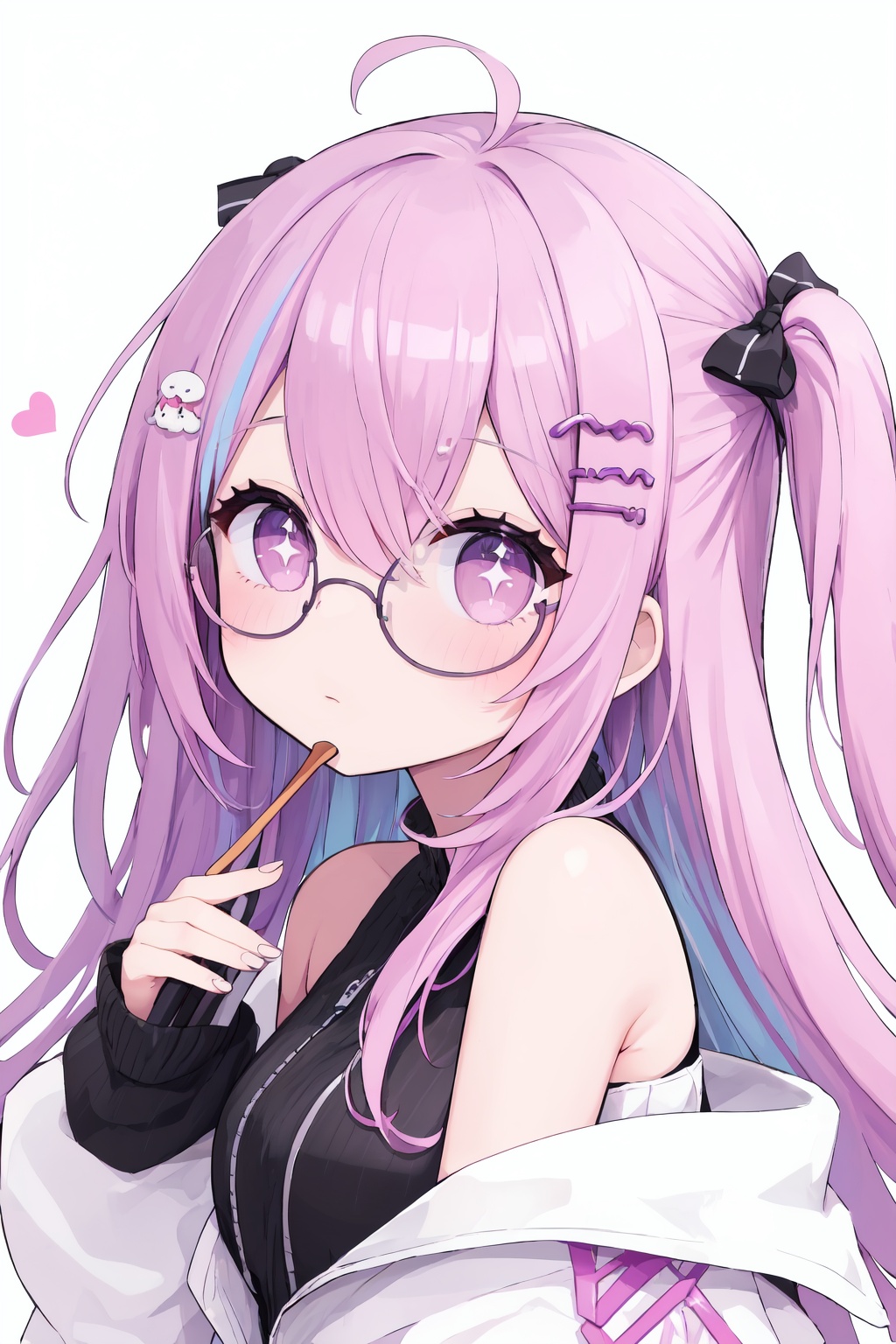 1girl,solo,long hair,glasses,off shoulder,jacket,white jacket,round eyewear,bangs,closed mouth,two side up,sleeveless,shirt,pink hair,long sleeves,hair ornament,multicolored hair,sleeveless shirt,sleeves past wrists,open jacket,upper body,open clothes,white shirt,bare shoulders,hairclip,bow,looking at viewer,hair between eyes,very long hair,purple hair,black-framed eyewear,virtual youtuber,heart,food,puffy long sleeves,+ +,sparkling eyes,ch-style,Starry eyes,<lora:ch-vv1-tga-000004:0.5>,