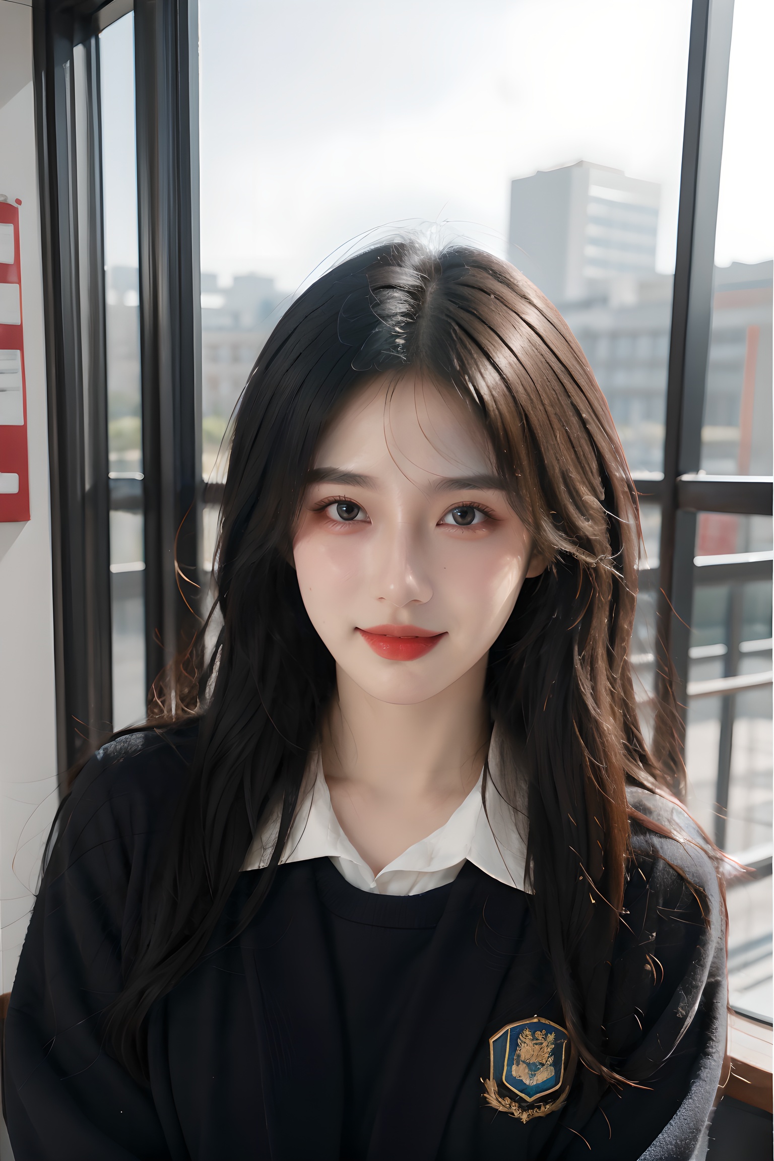 1girl,upper body,school uniform:1.5,black hair,seductive smile,blush,in school,best quality,masterpiece,realistic,HDR,UHD,8K,masterpiece,realistic,<lora:abel好看的姿势:0.2>,<lora:QYpifuV1:0.6>,<lora:abel光艺术:0.25>,<lora:shaonv6-4:0.35>,