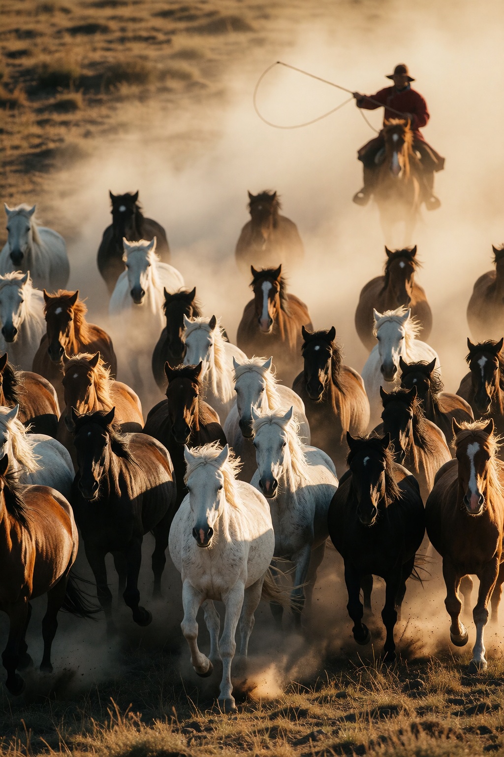 A massive herd of diverse galloping horses surges forward across a dry grassy steppe,  kicking up thick clouds of atmosphe...