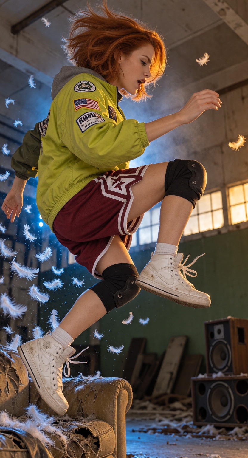 NamiX,  a raw high-energy full-body shot of namix caught halfway through a leap from a battered sofa inside an abandoned w...